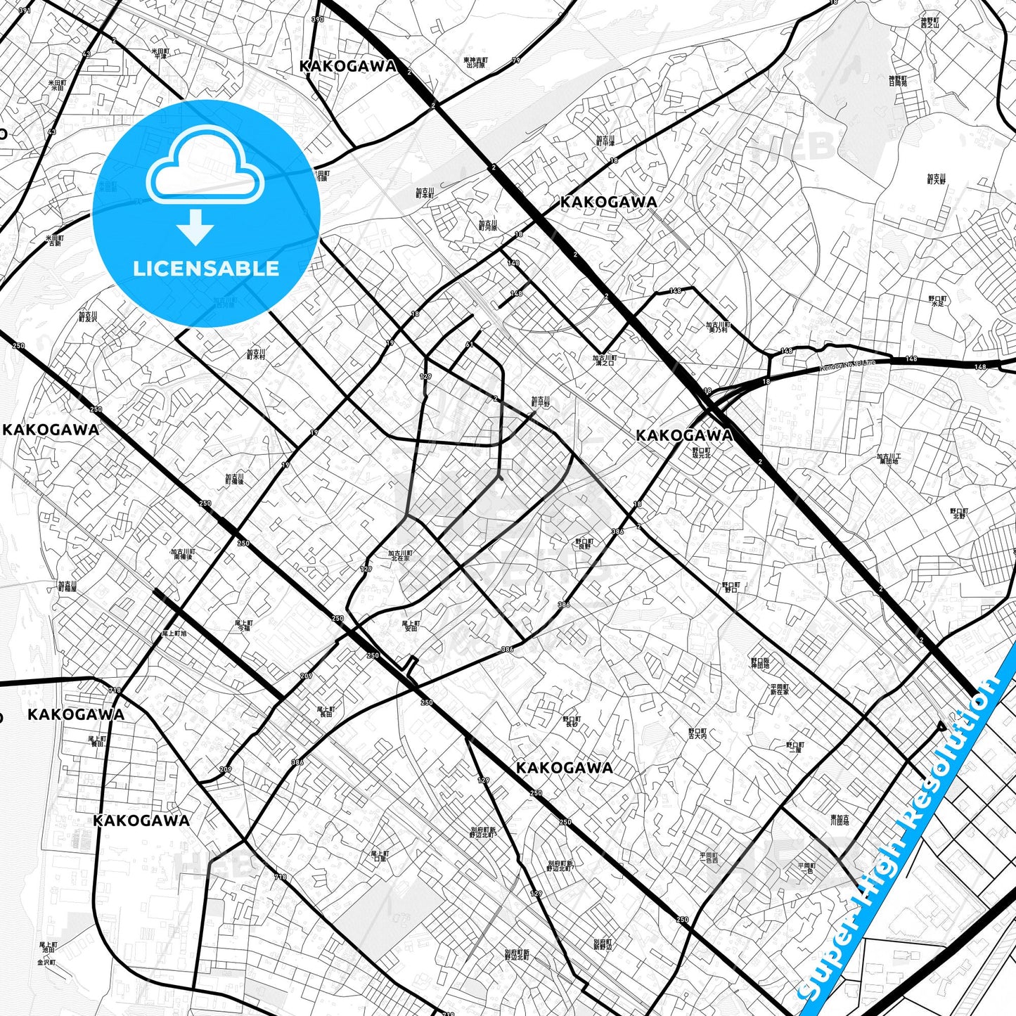 Kakogawa, Japan Light Map with Street Names, City Names, and Districts