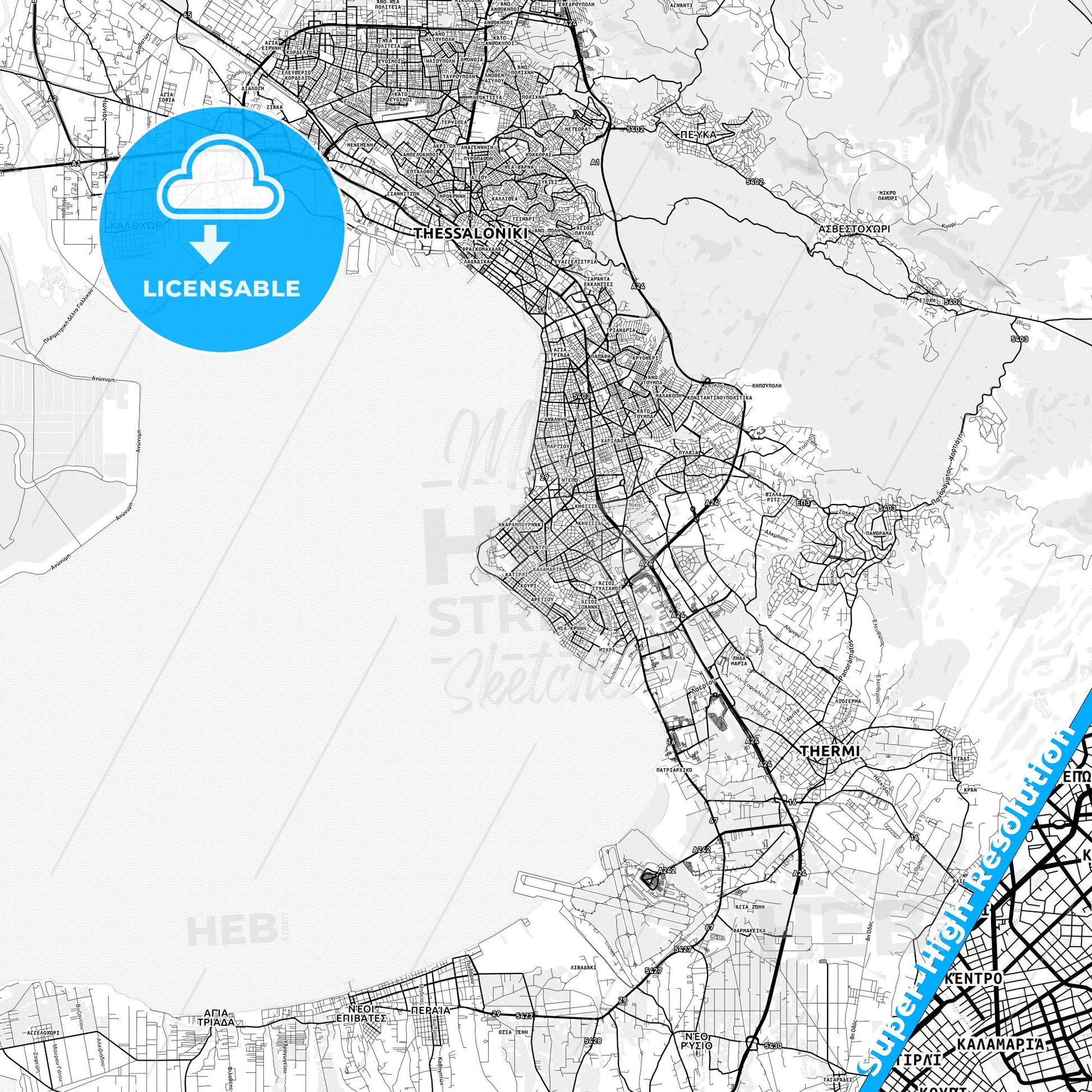Kalamaria, Greece light map with streetnames, citynames and districts
