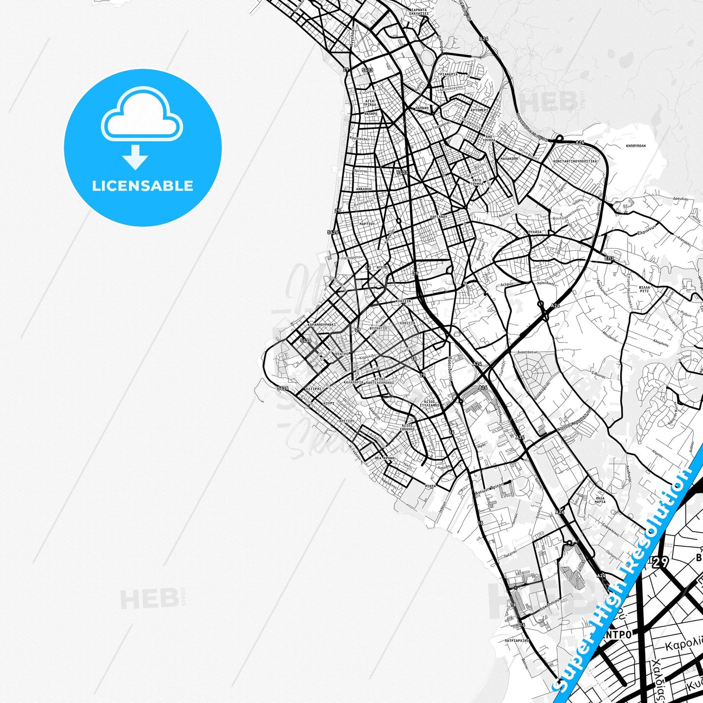 Kalamaria, Greece Light Map with Street Names, City Names, and Districts