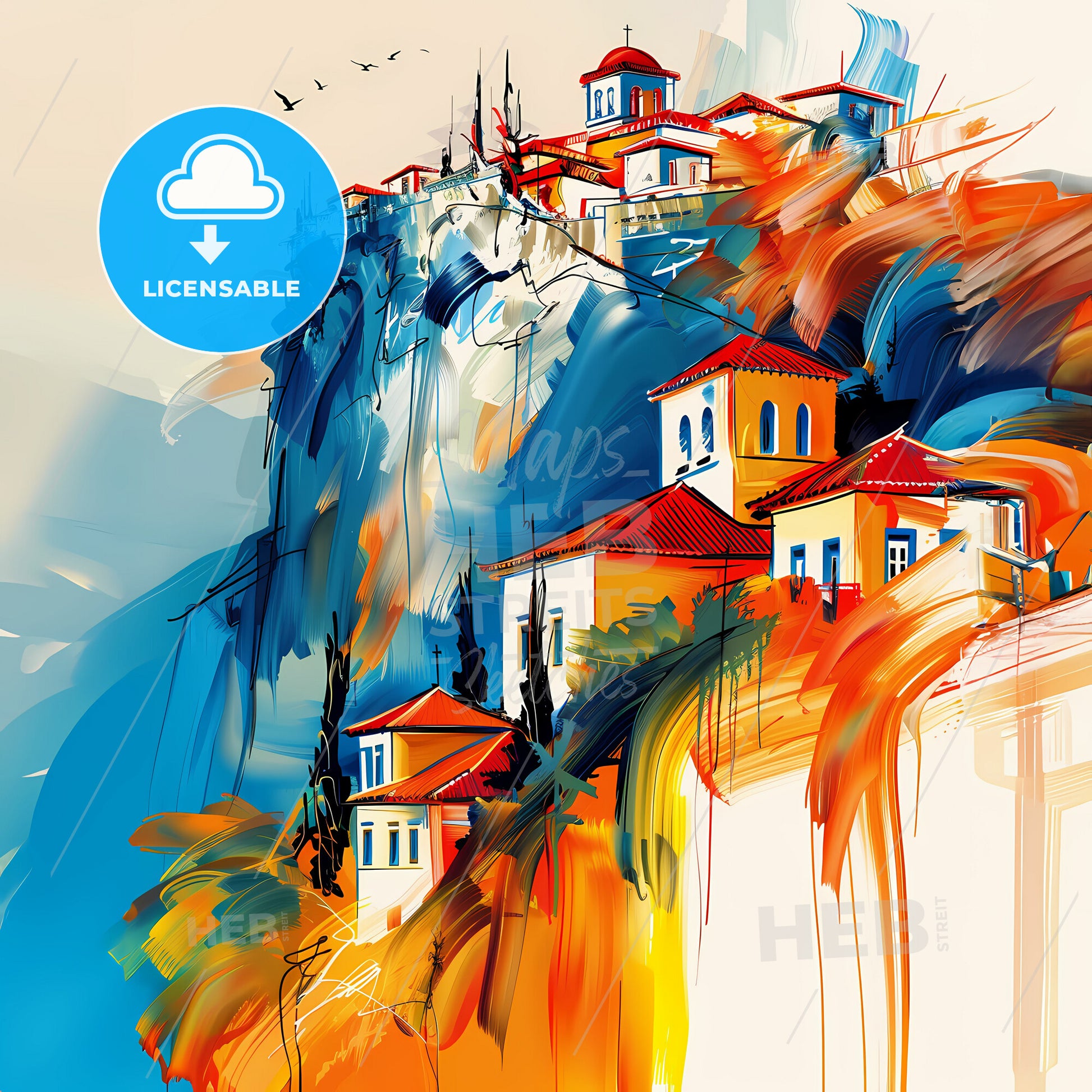 Vibrant Kalamaria, Greece - A Painting Of A Building On A Cliff