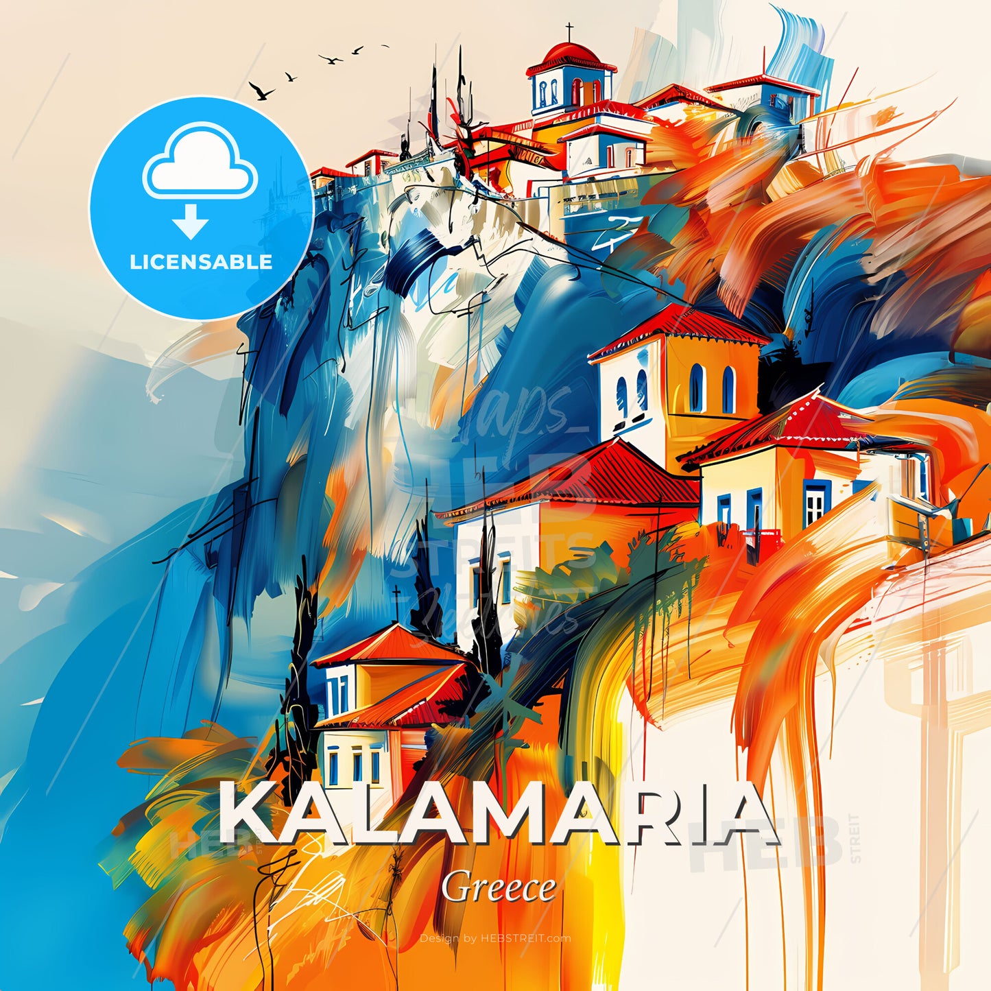 Vibrant Kalamaria, Greece - A Painting Of A Building On A Cliff - Square format print template