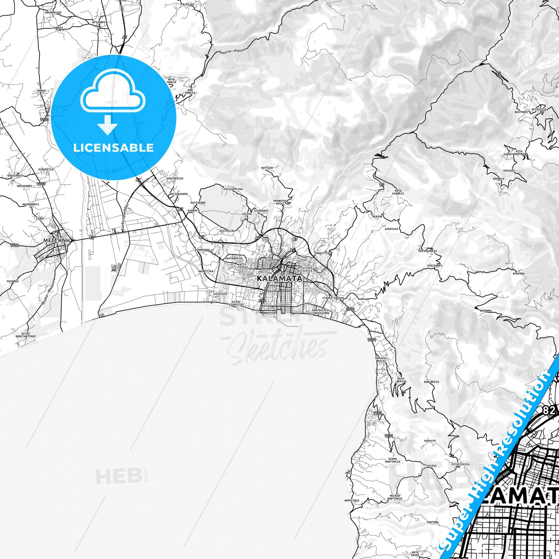 Kalamata, Greece light map with streetnames, citynames and districts