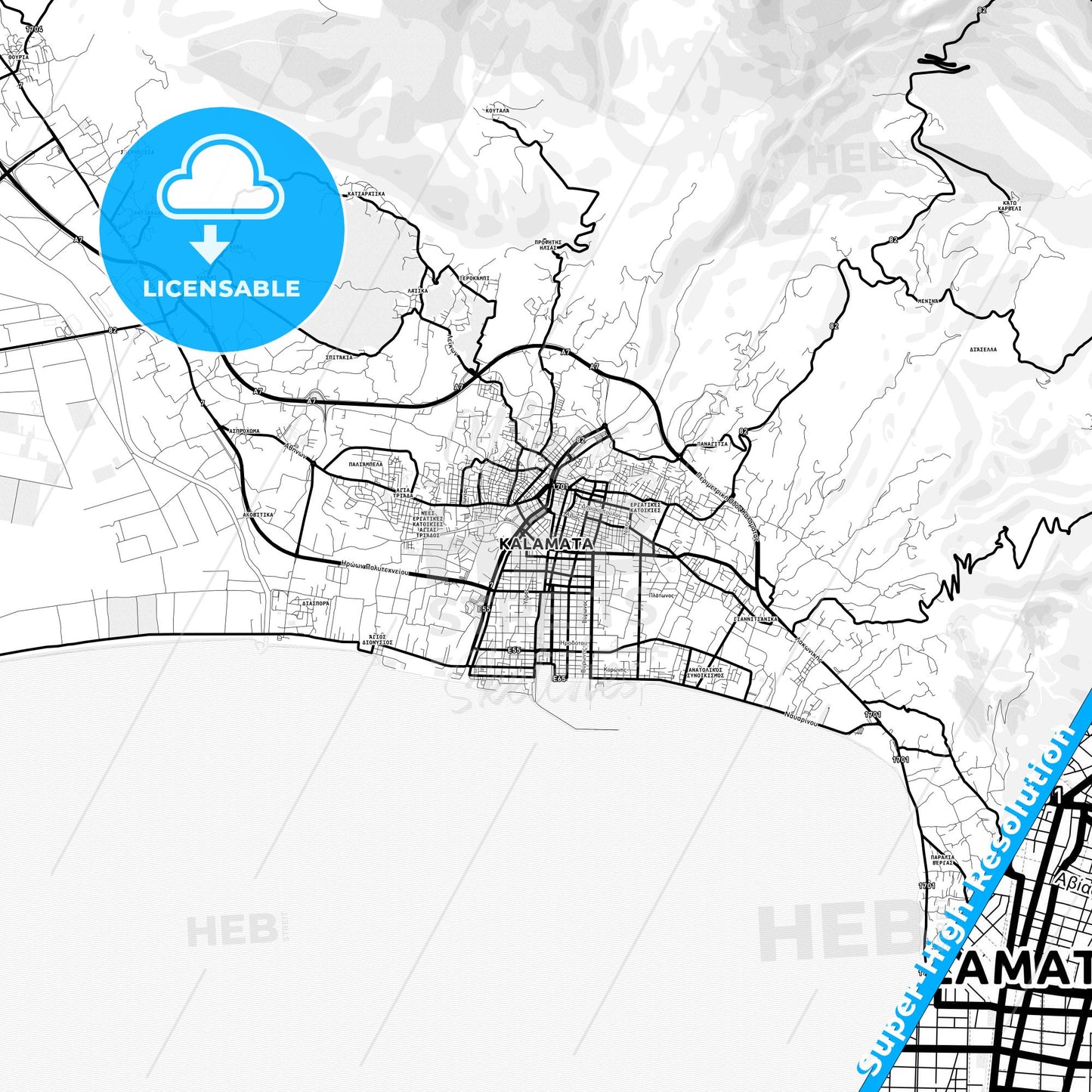 Kalamata, Greece Light Map with Street Names, City Names, and Districts