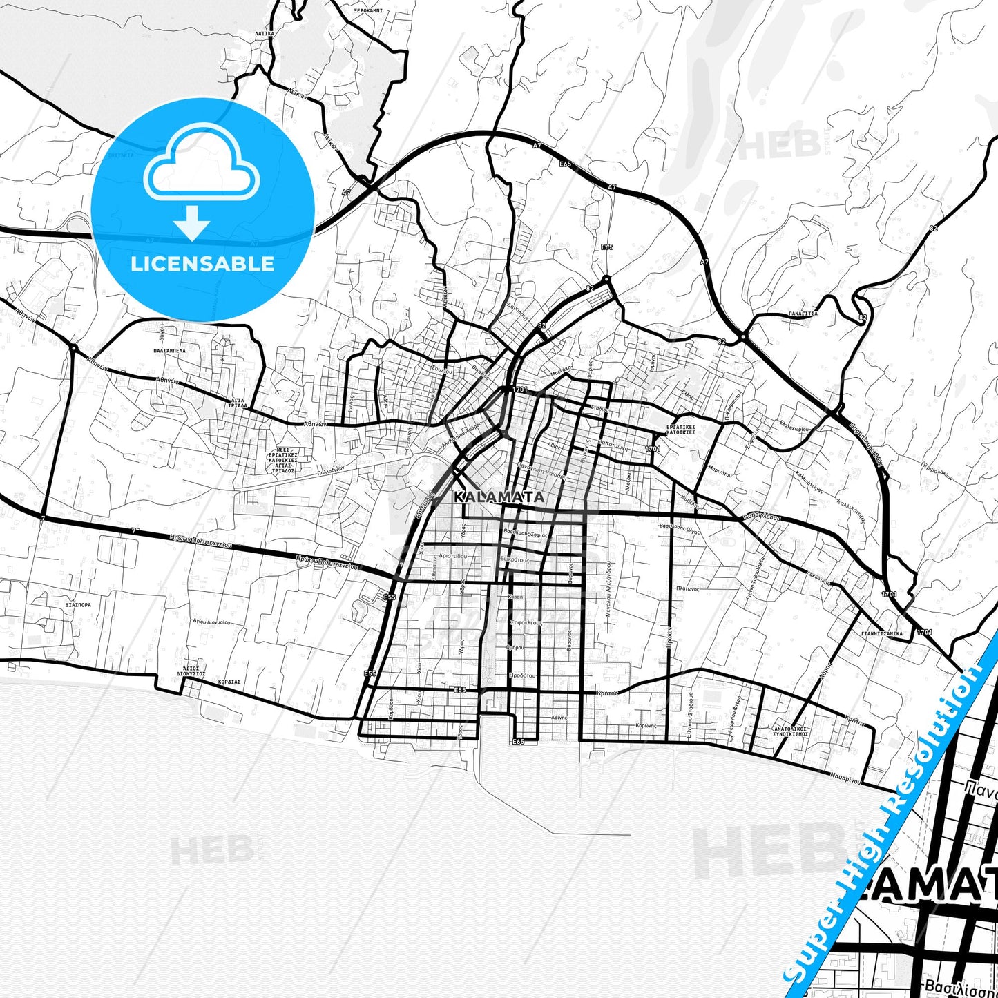 Kalamata, Greece Light Map with Street Names, City Names, and Districts