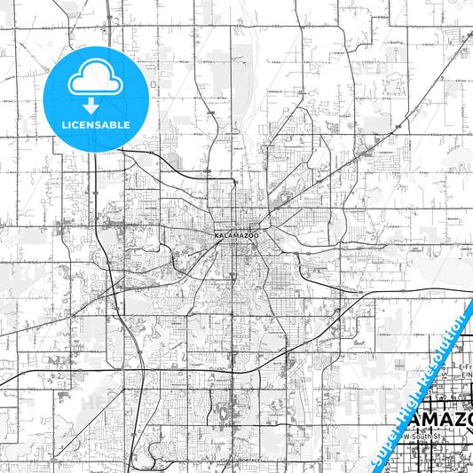 Kalamazoo, Michigan light map with streetnames, citynames and districts