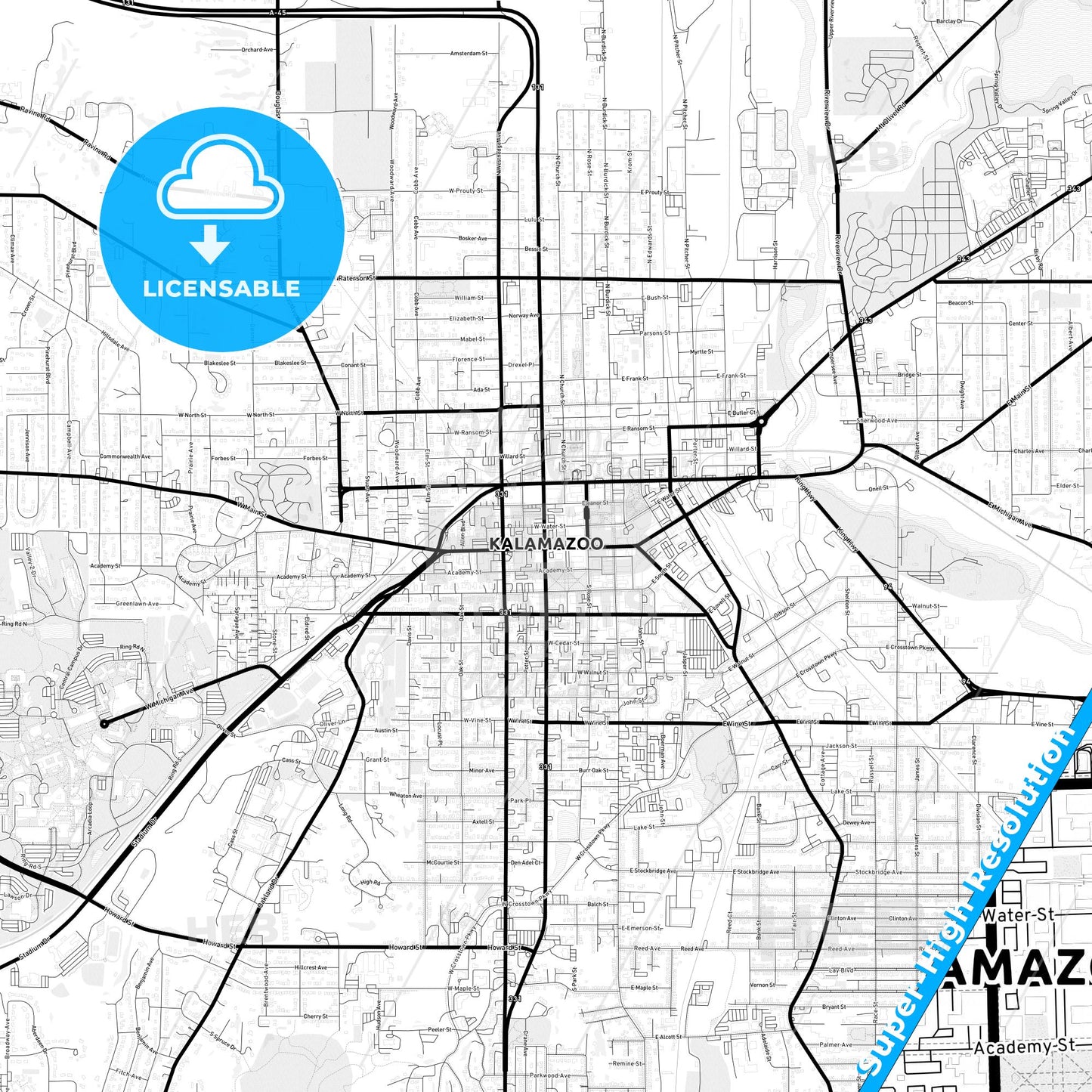 Kalamazoo, Michigan Light Map with Street Names, City Names, and Districts