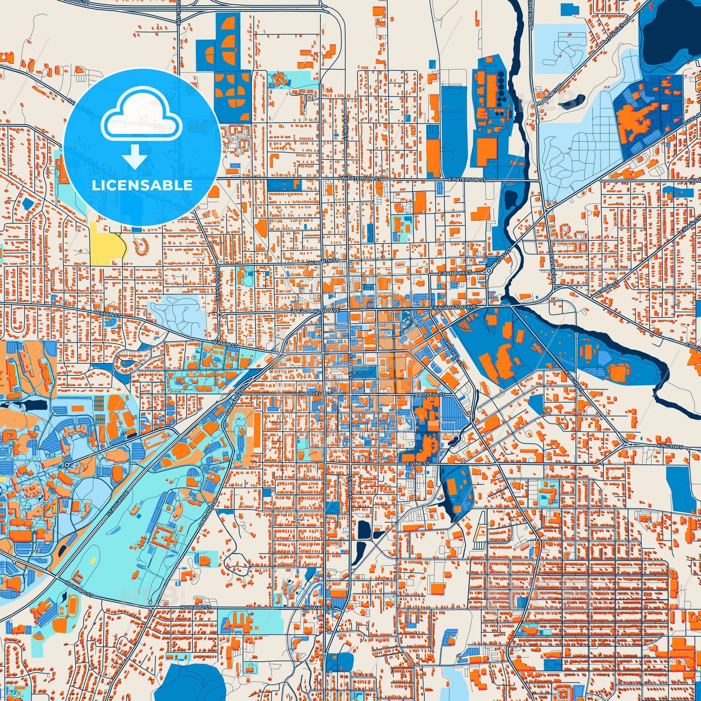 Colorful Kalamazoo Street Map with Labels and Buildings