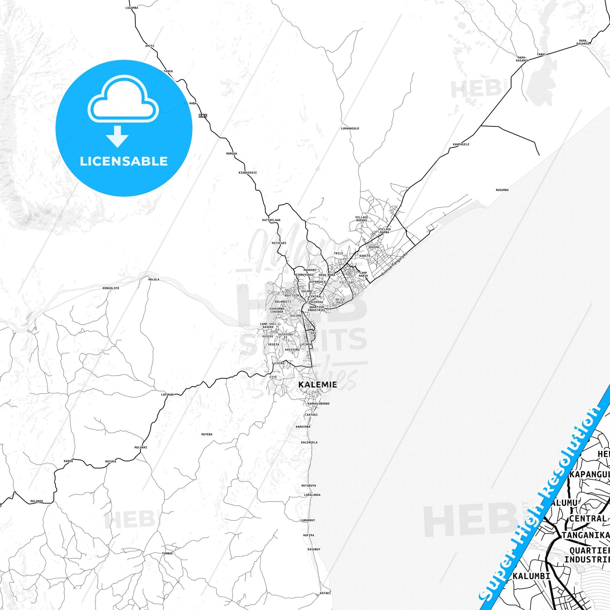 Kalemie, DR Congo light map with streetnames, citynames and districts