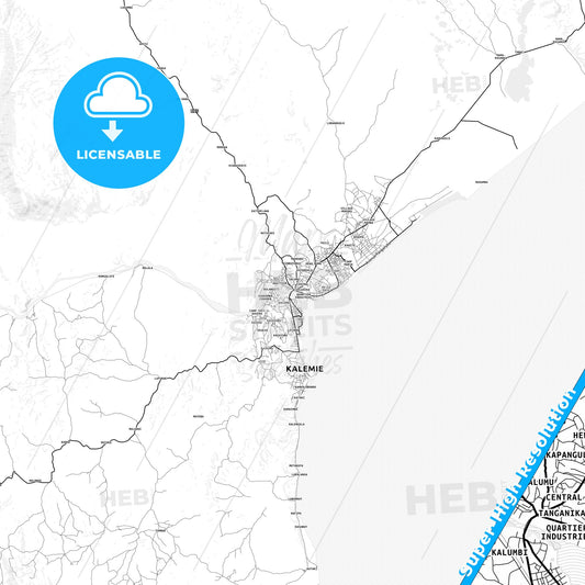 Kalemie, DR Congo light map with streetnames, citynames and districts