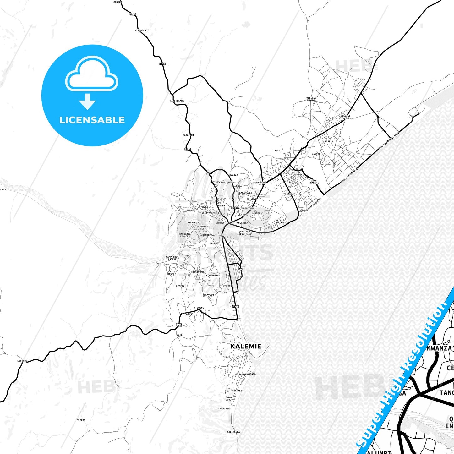 Kalemie, DR Congo Light Map with Street Names, City Names, and Districts