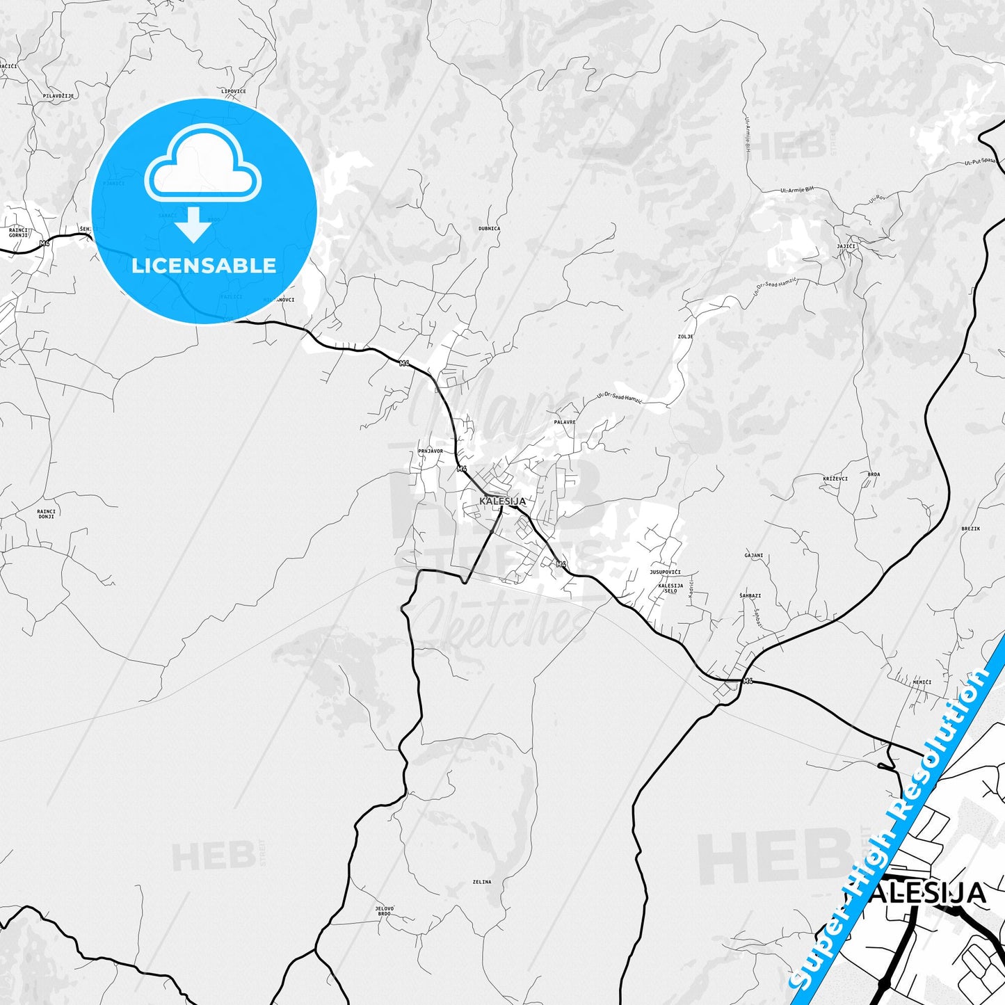 Kalesija, Bosnia and Herzegovina Light Map with Street Names, City Names, and Districts