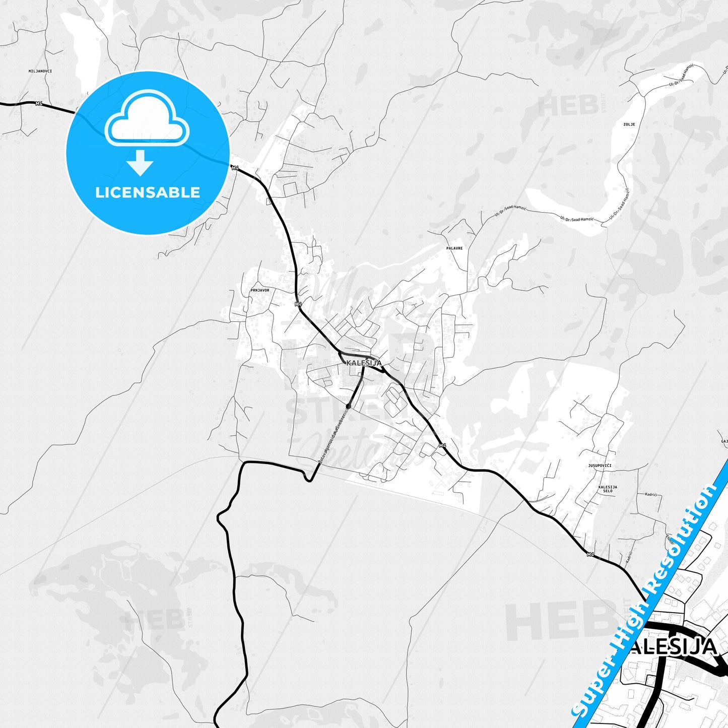 Kalesija, Bosnia and Herzegovina Light Map with Street Names, City Names, and Districts