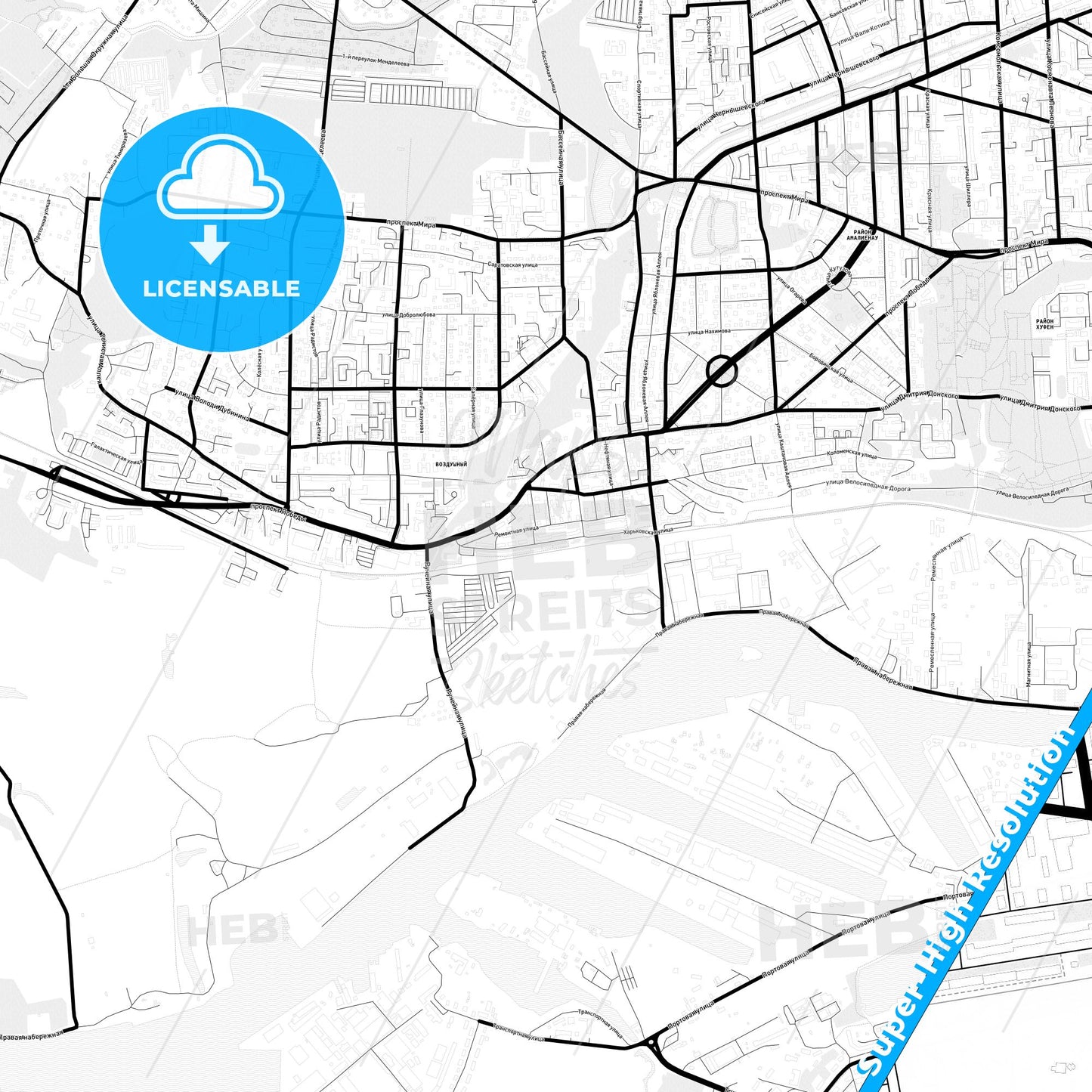 Kaliningrad, Russia Light Map with Street Names, City Names, and Districts