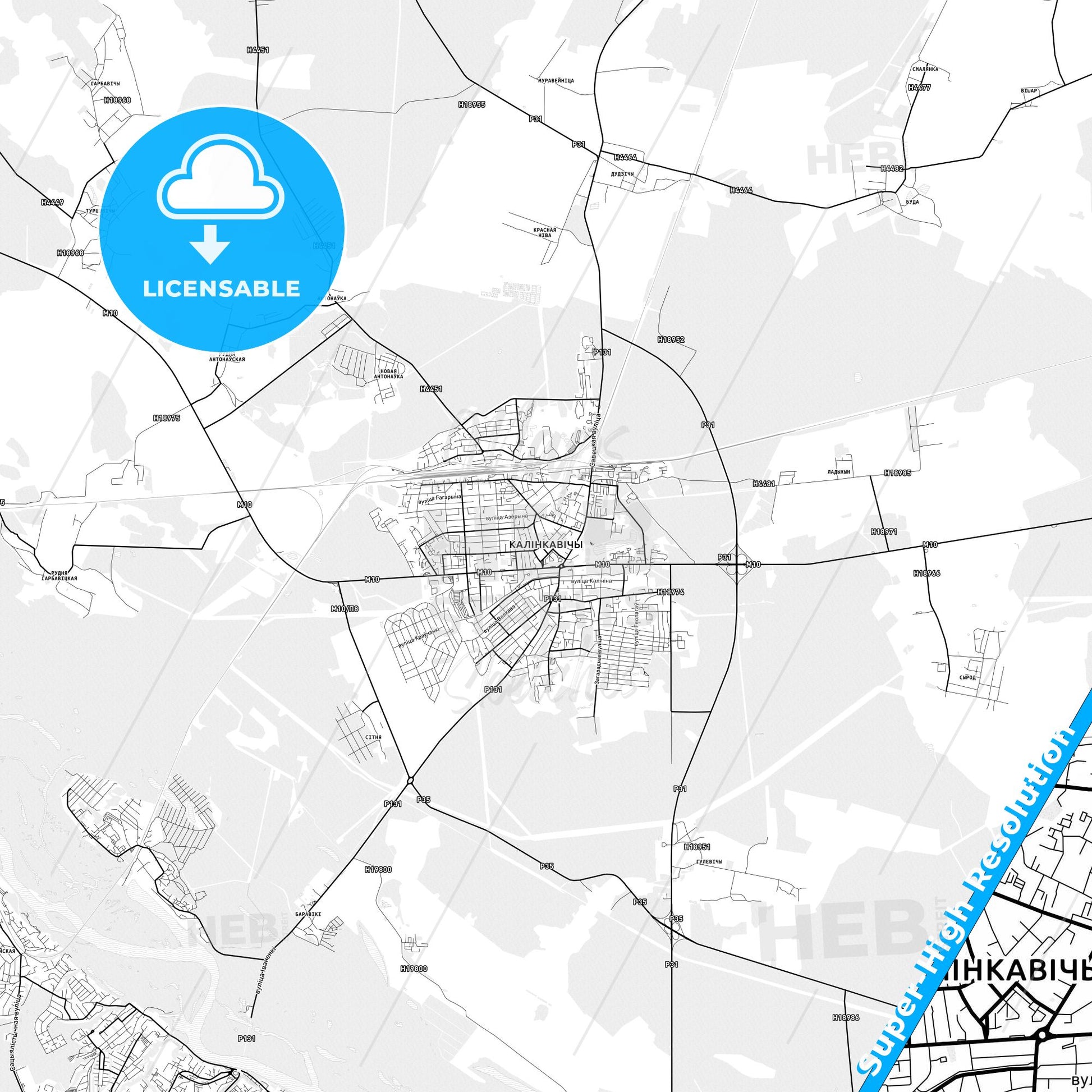 Kalinkavichy, Belarus light map with streetnames, citynames and districts