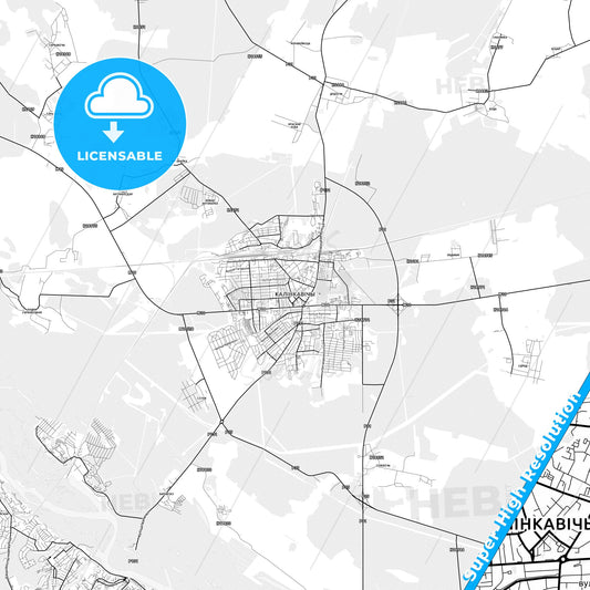 Kalinkavichy, Belarus light map with streetnames, citynames and districts
