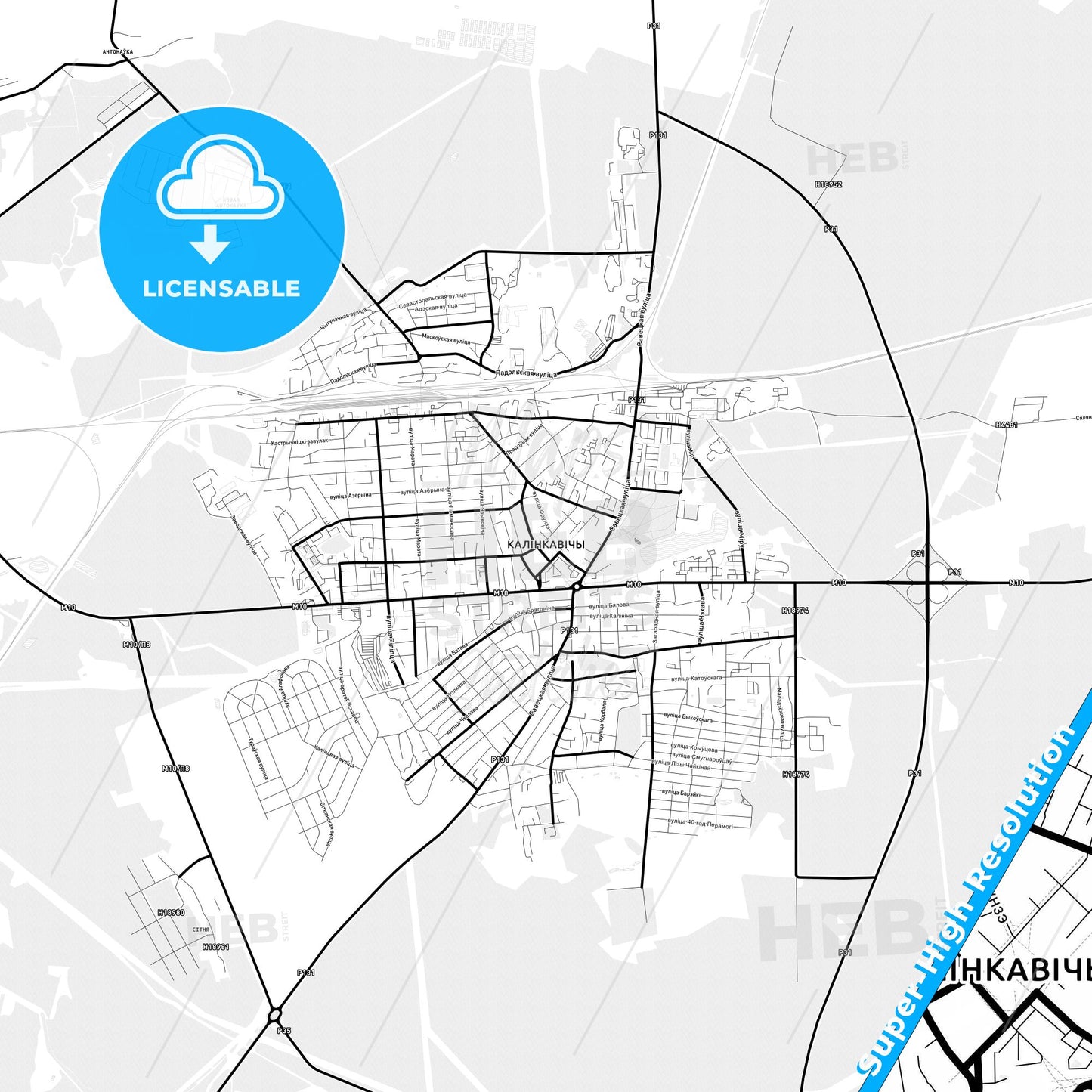 Kalinkavichy, Belarus Light Map with Street Names, City Names, and Districts