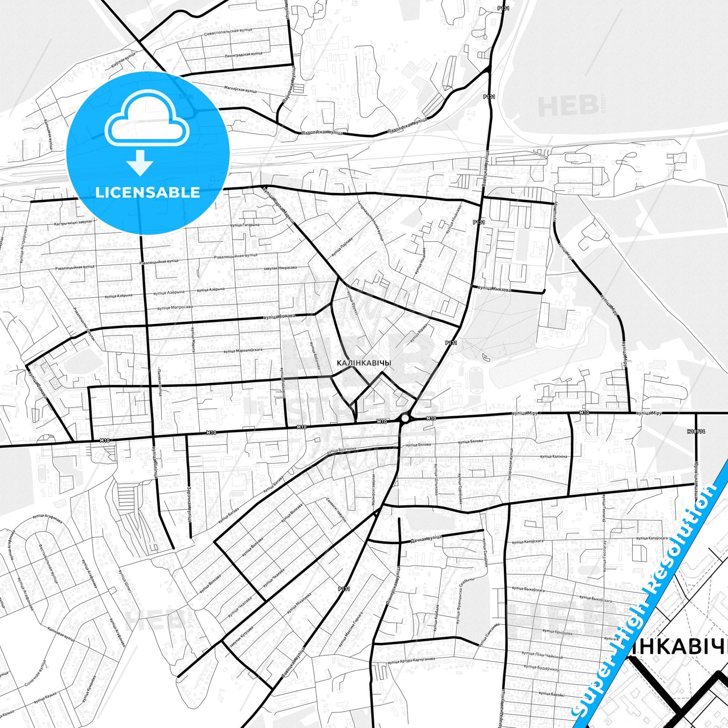 Kalinkavichy, Belarus Light Map with Street Names, City Names, and Districts