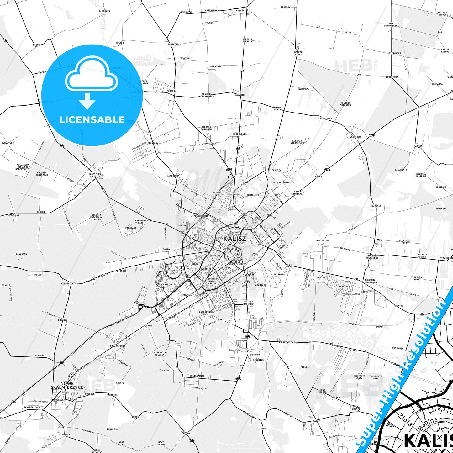 Kalisz, Poland light map with streetnames, citynames and districts