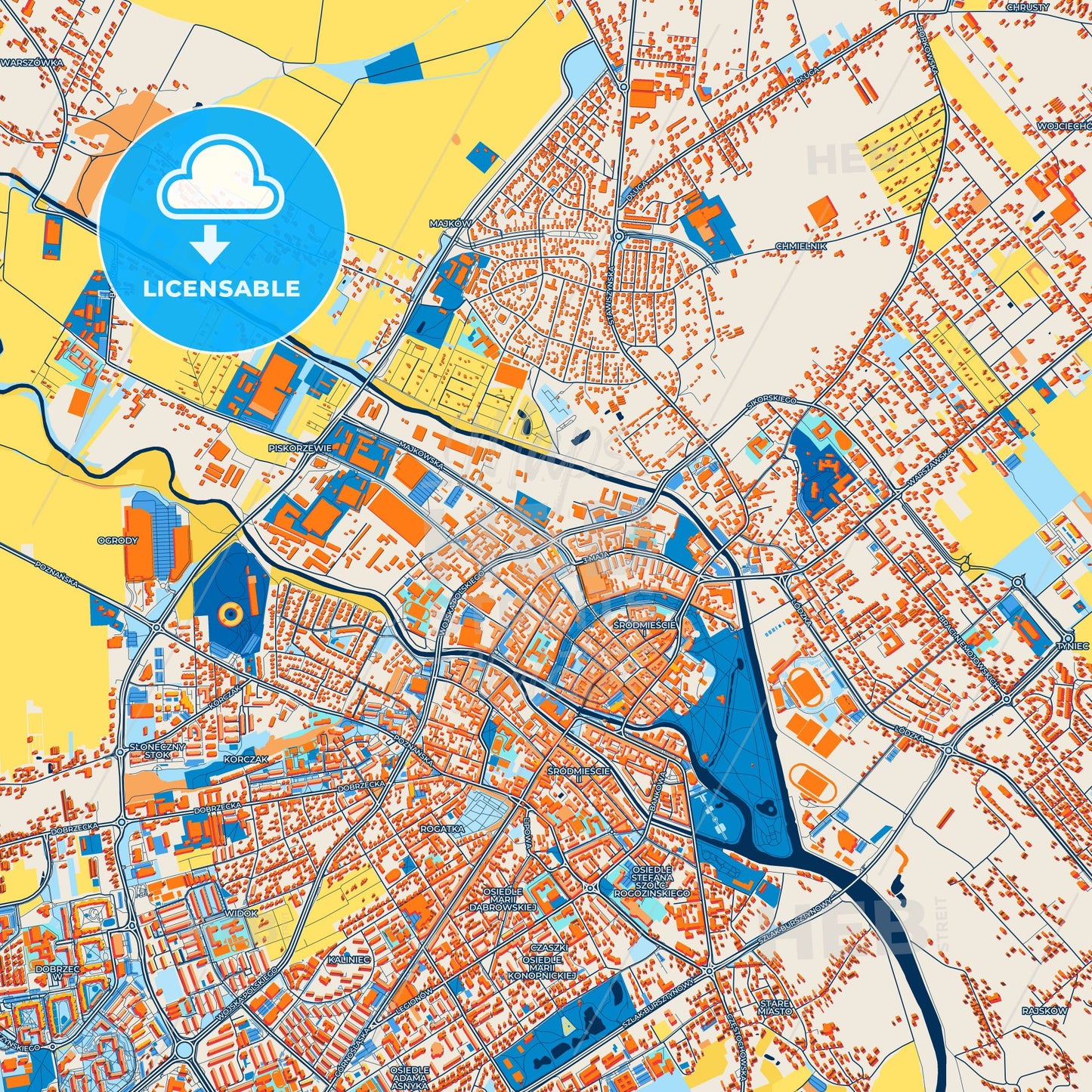 Colorful Kalisz Street Map with Labels and Buildings