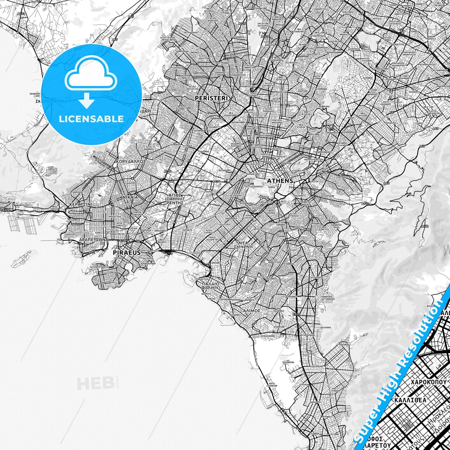 Kallithea, Greece light map with streetnames, citynames and districts