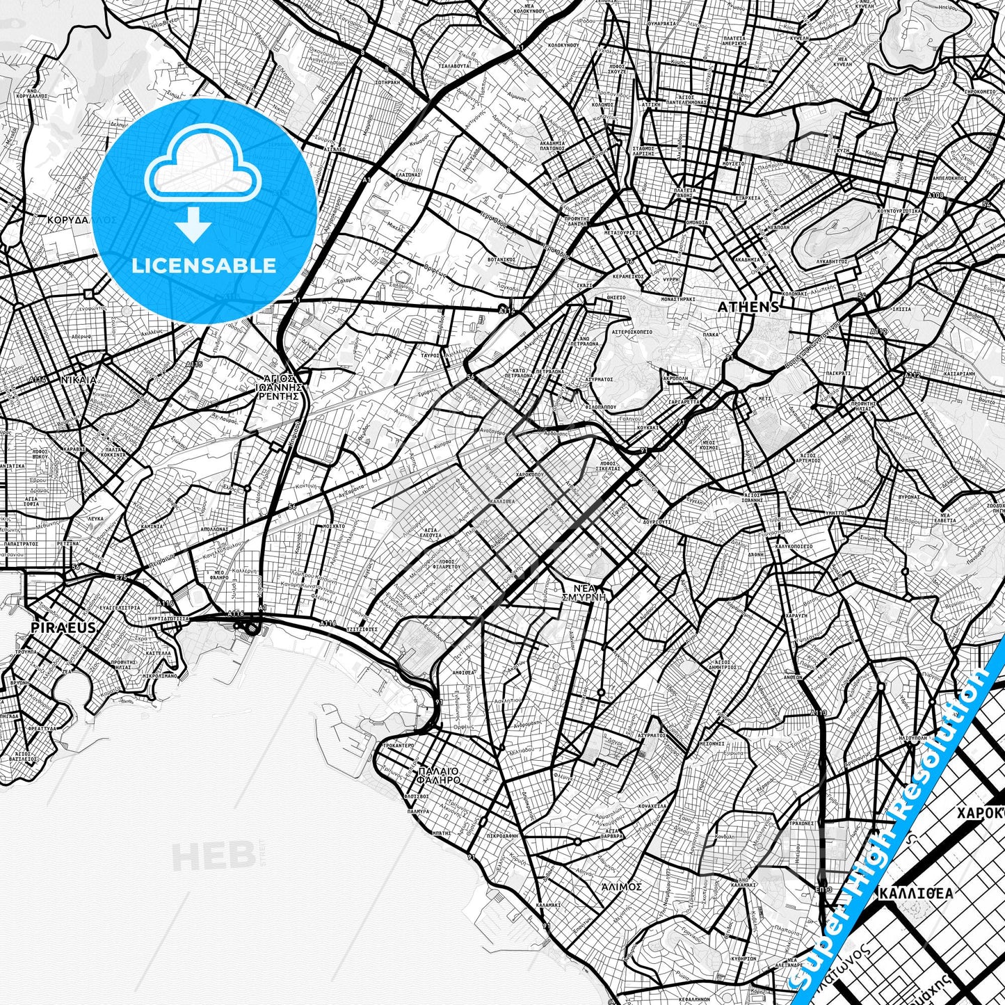 Kallithea, Greece Light Map with Street Names, City Names, and Districts