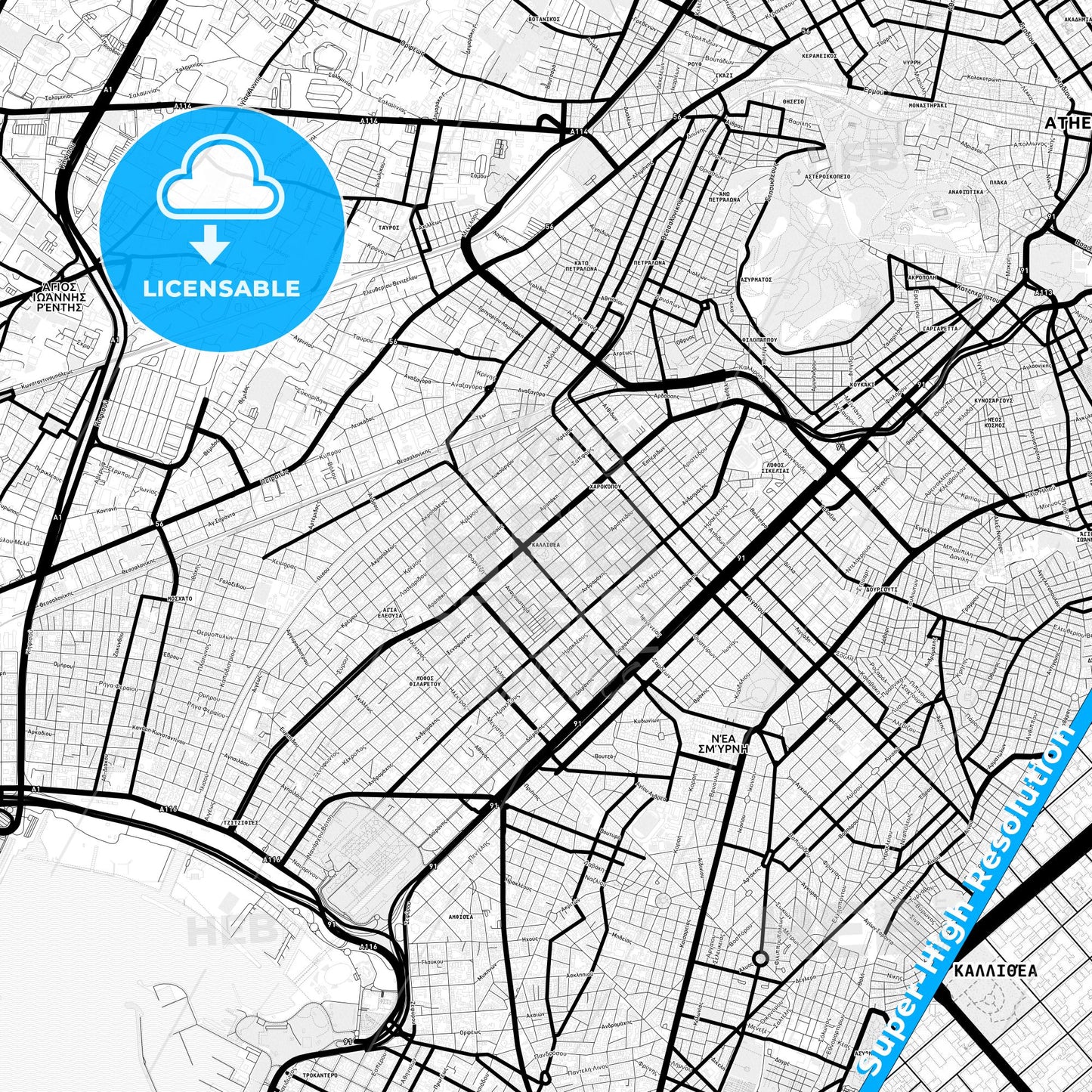 Kallithea, Greece Light Map with Street Names, City Names, and Districts