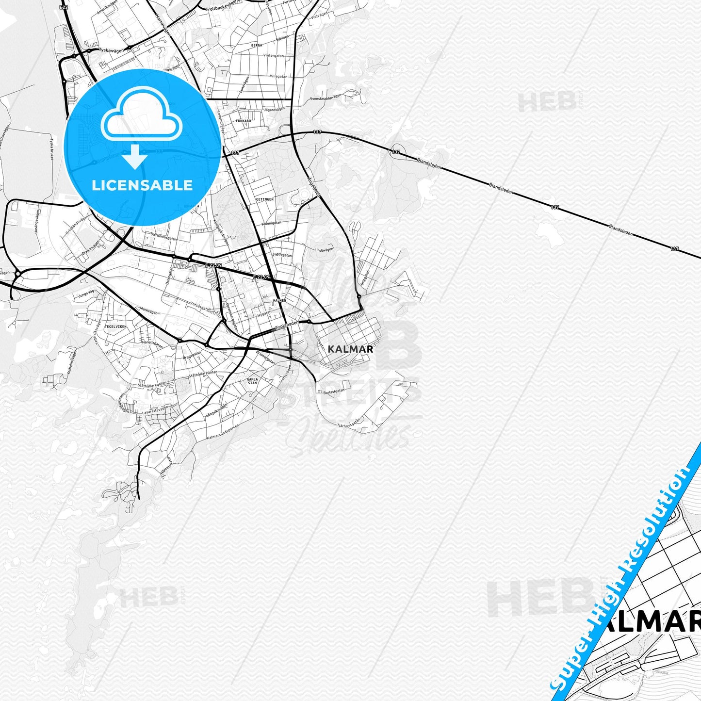 Kalmar, Sweden Light Map with Street Names, City Names, and Districts