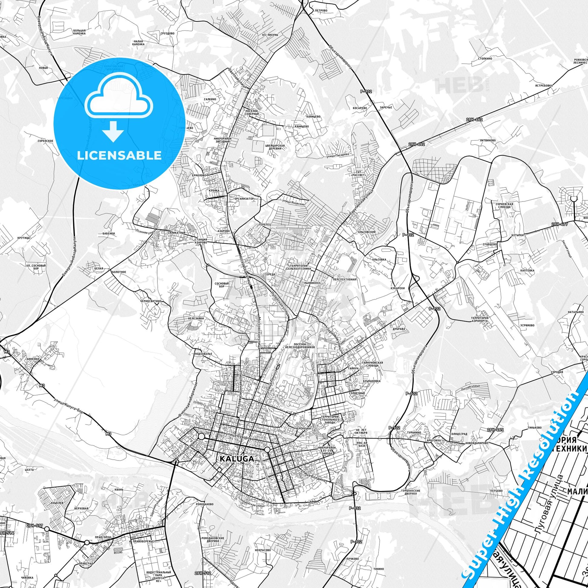 Kaluga, Russia light map with streetnames, citynames and districts