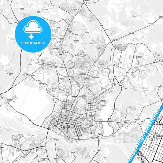 Kaluga, Russia light map with streetnames, citynames and districts