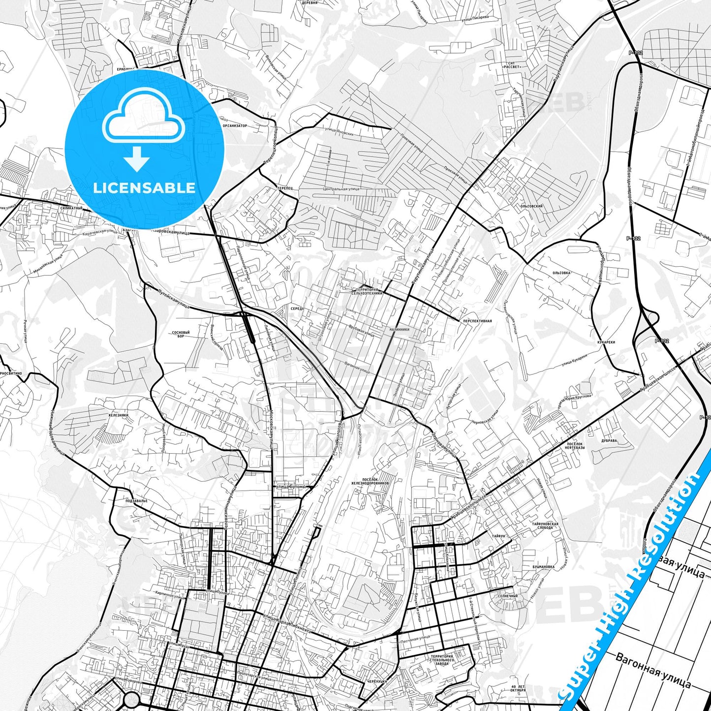 Kaluga, Russia Light Map with Street Names, City Names, and Districts
