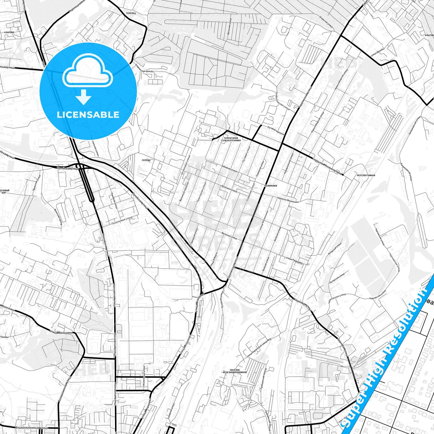 Kaluga, Russia Light Map with Street Names, City Names, and Districts