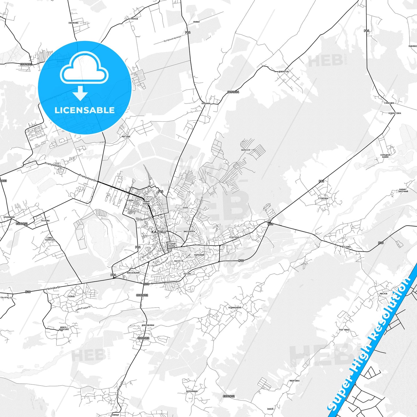 Kalush, Ukraine light map with streetnames, citynames and districts