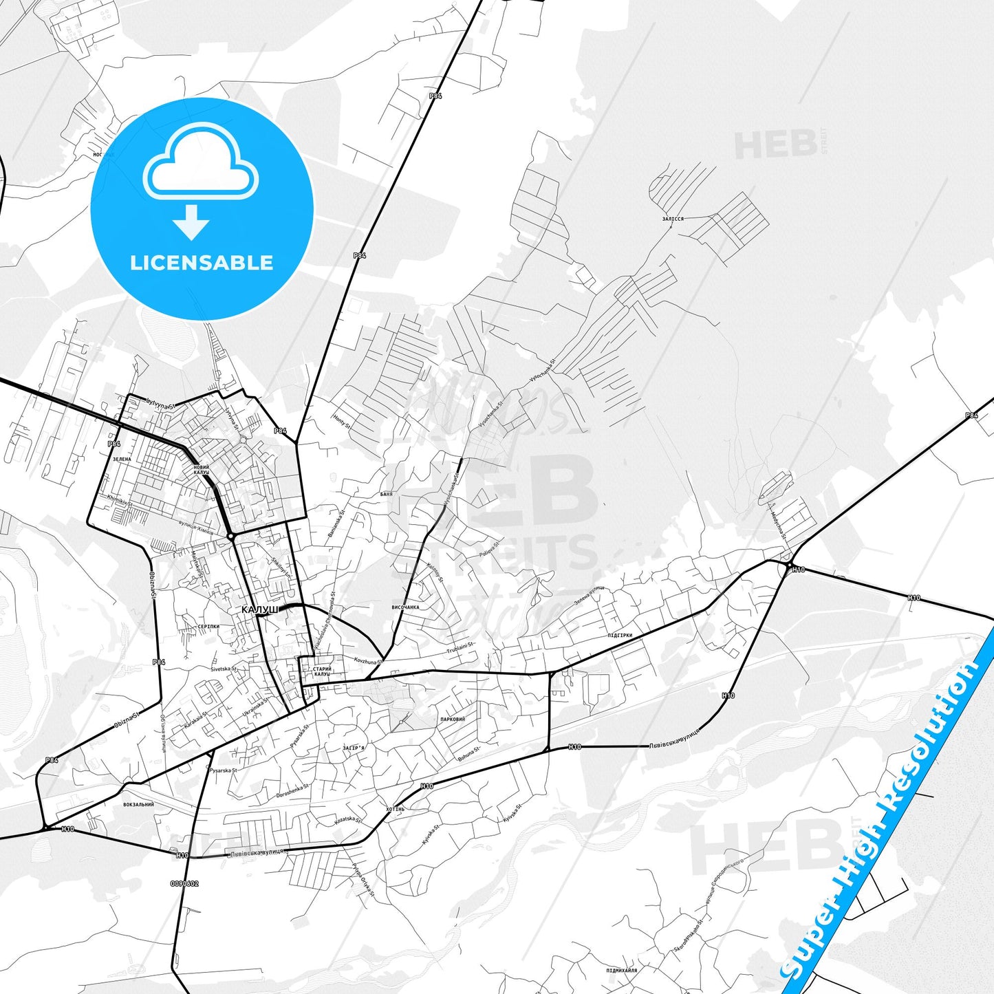 Kalush, Ukraine Light Map with Street Names, City Names, and Districts