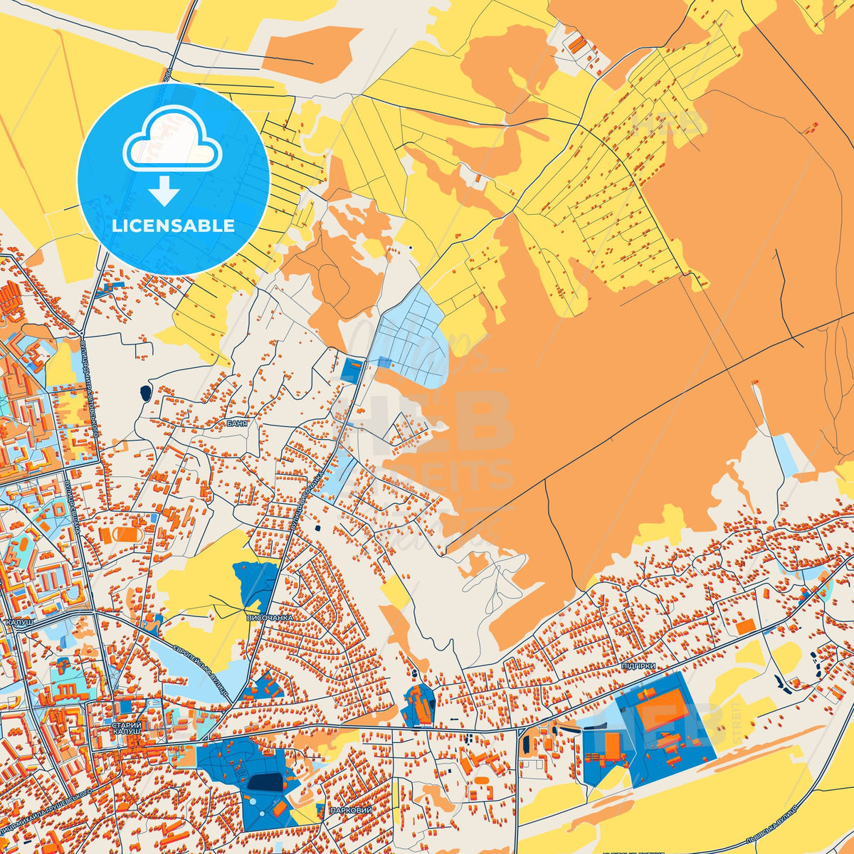 Colorful Kalush Street Map with Labels and Buildings