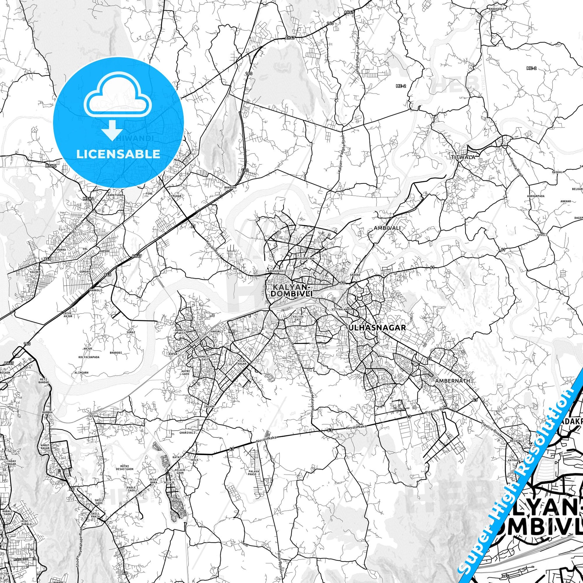 Kalyan-Dombivli, India light map with streetnames, citynames and districts