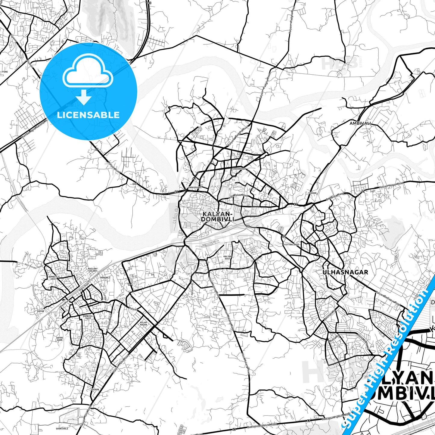 Kalyan-Dombivli, India Light Map with Street Names, City Names, and Districts