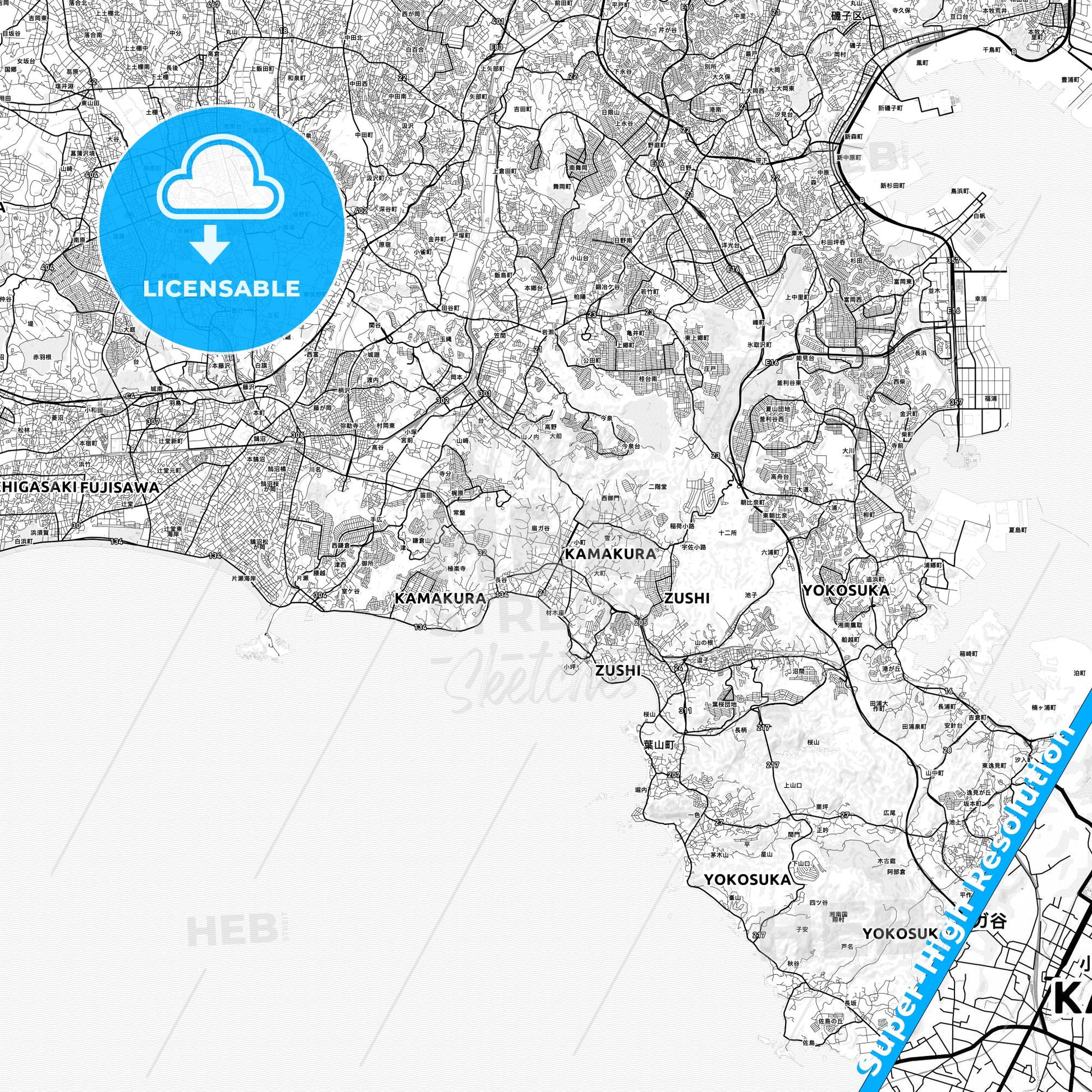 Kamakura, Japan light map with streetnames, citynames and districts