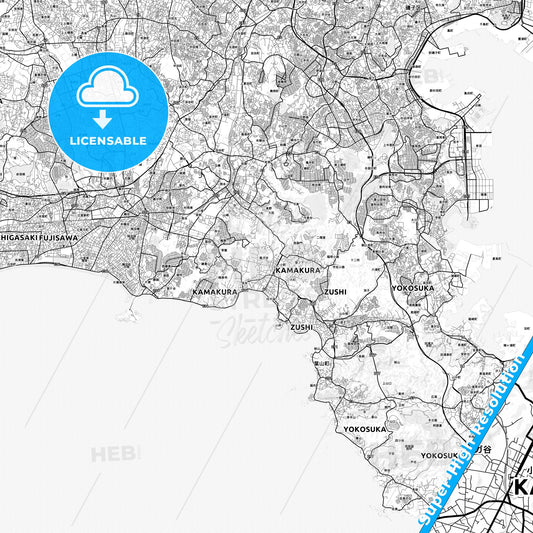 Kamakura, Japan light map with streetnames, citynames and districts