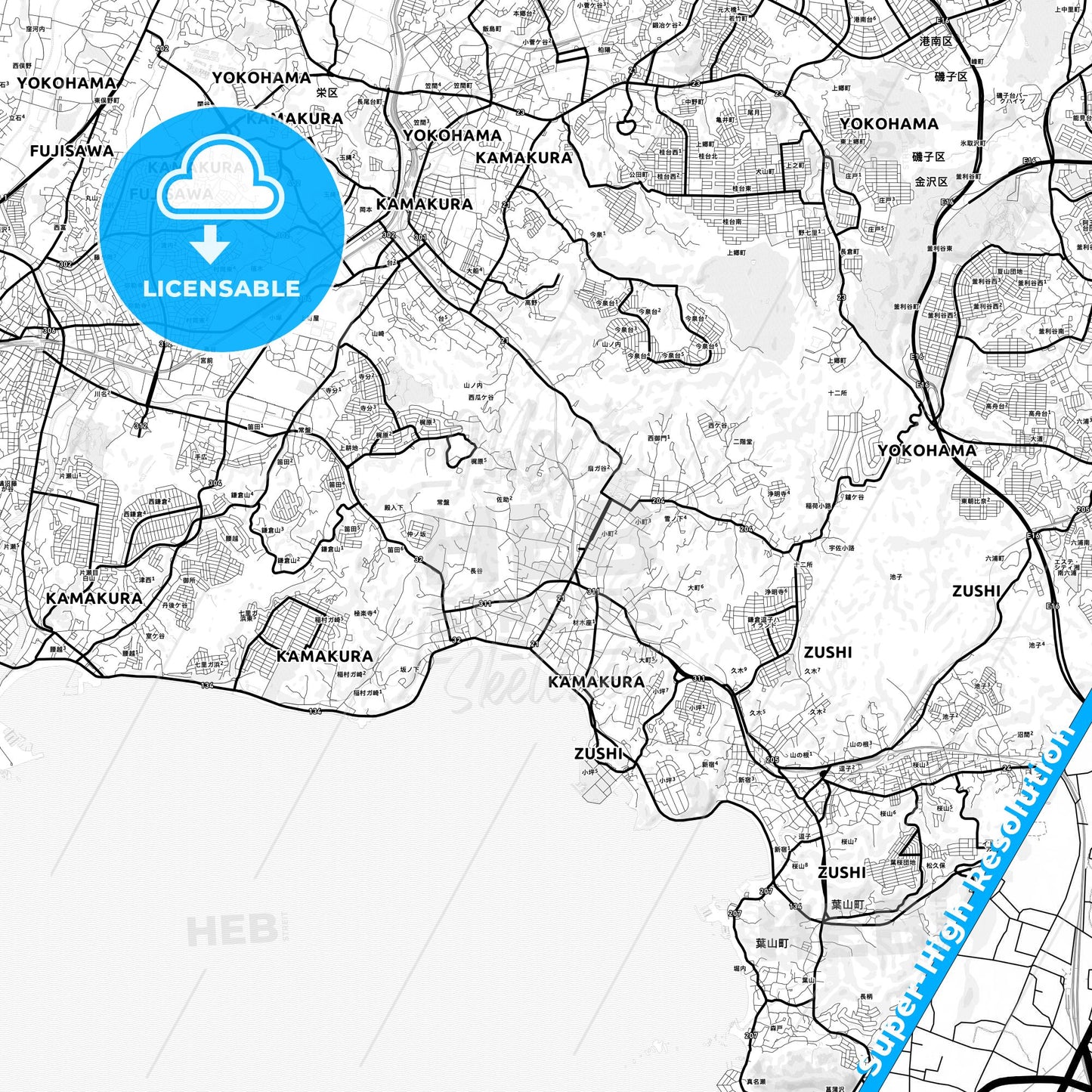Kamakura, Japan Light Map with Street Names, City Names, and Districts