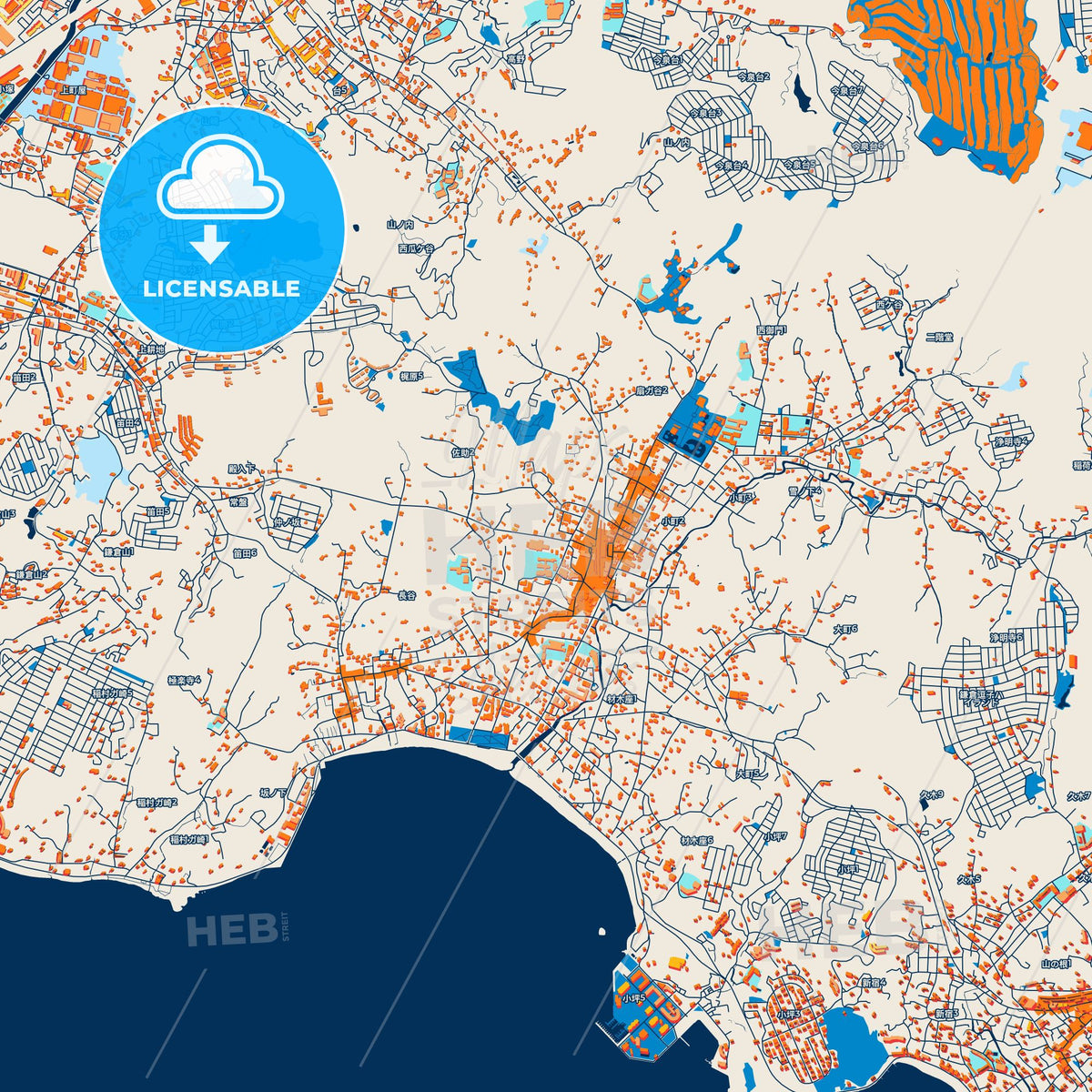 Colorful Kamakura Street Map with Labels and Buildings