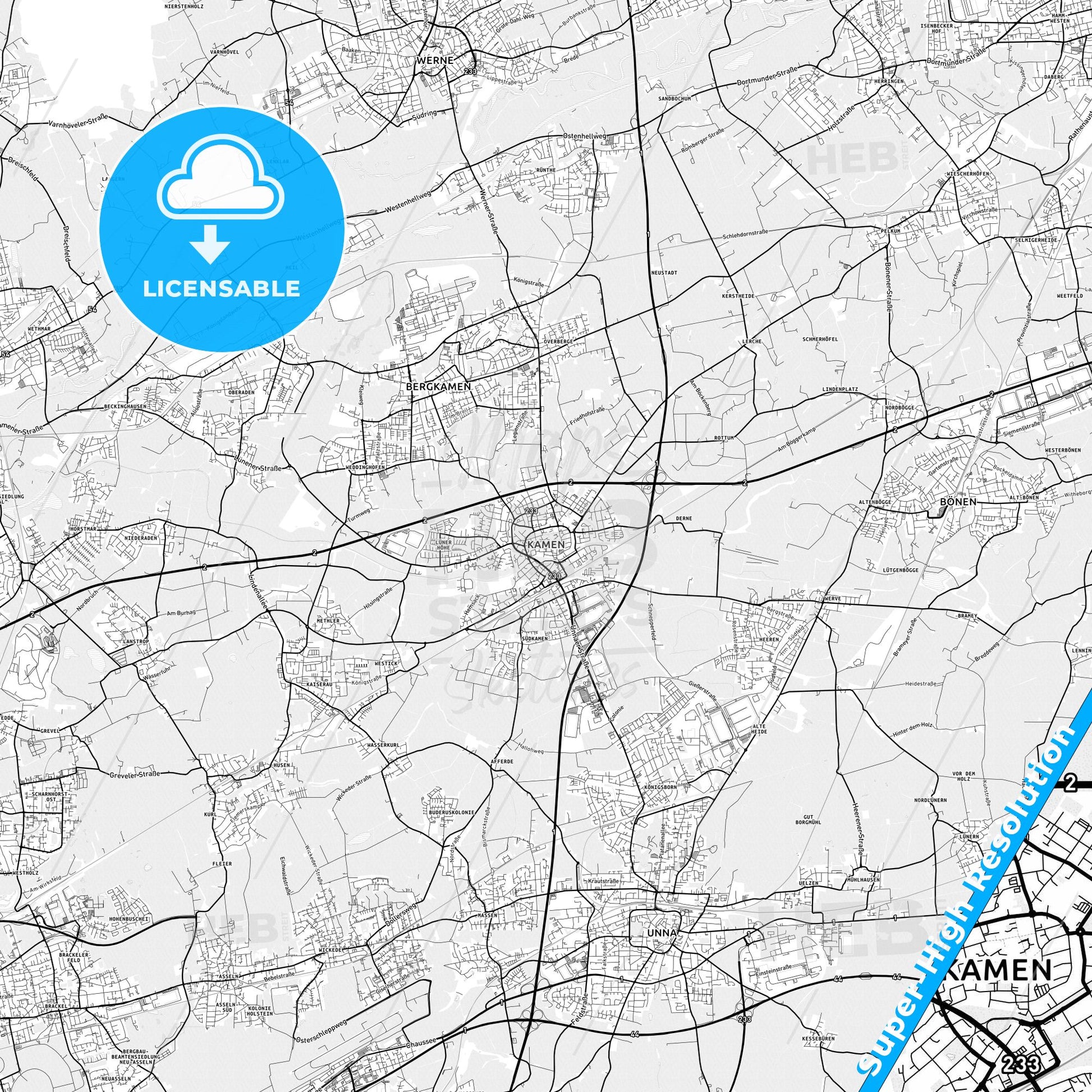 Kamen, Germany light map with streetnames, citynames and districts