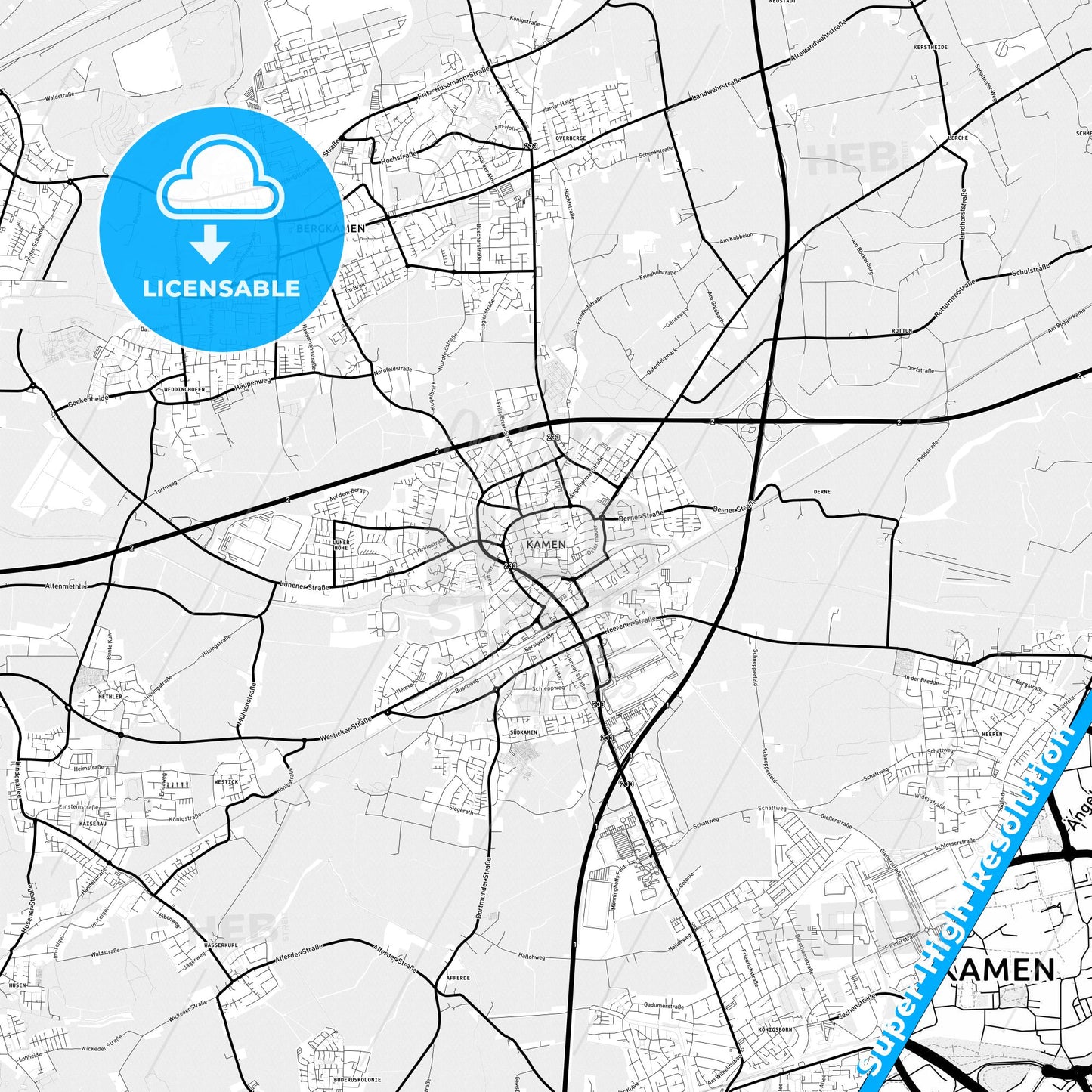 Kamen, Germany Light Map with Street Names, City Names, and Districts