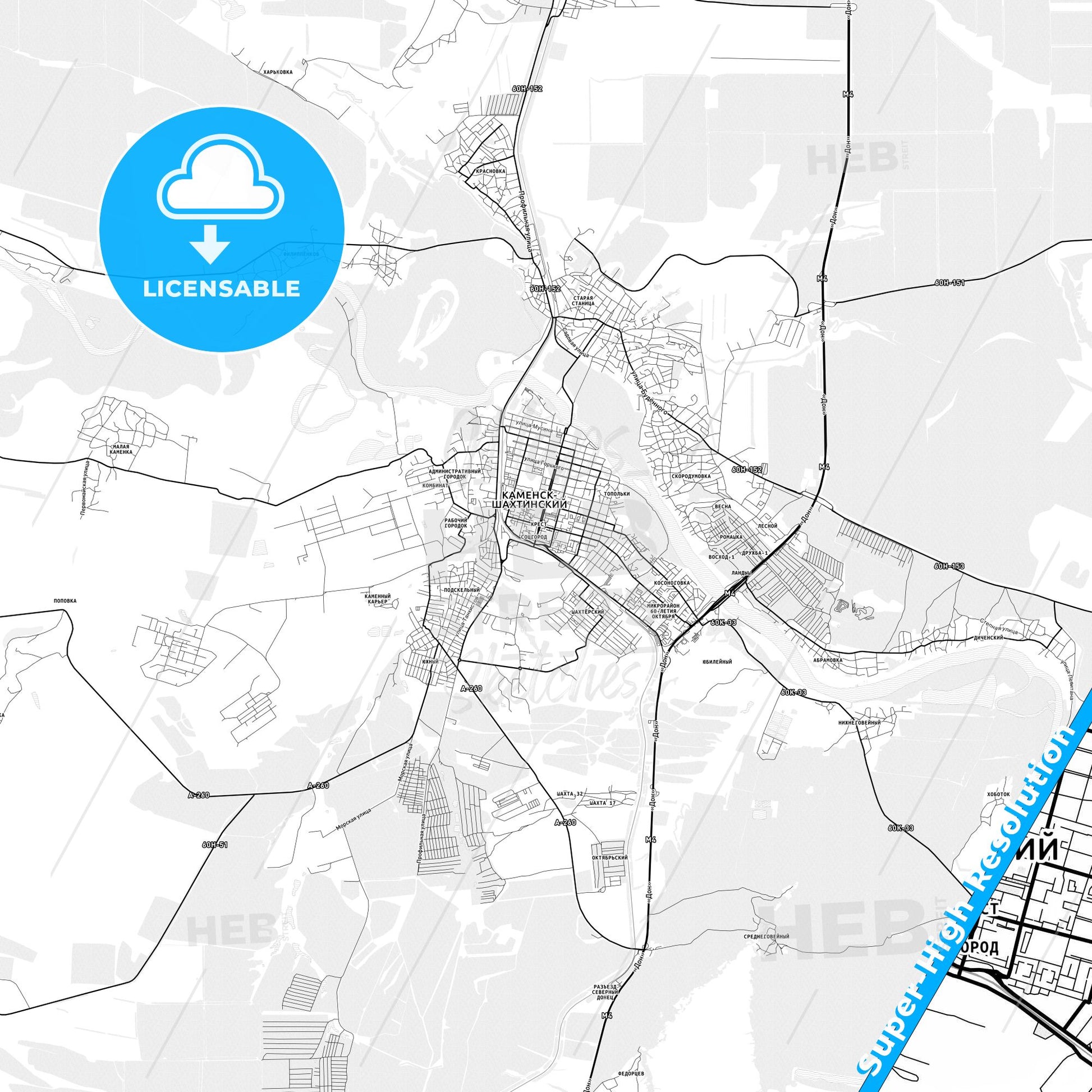 Kamensk-Shakhtinsky, Russia light map with streetnames, citynames and districts