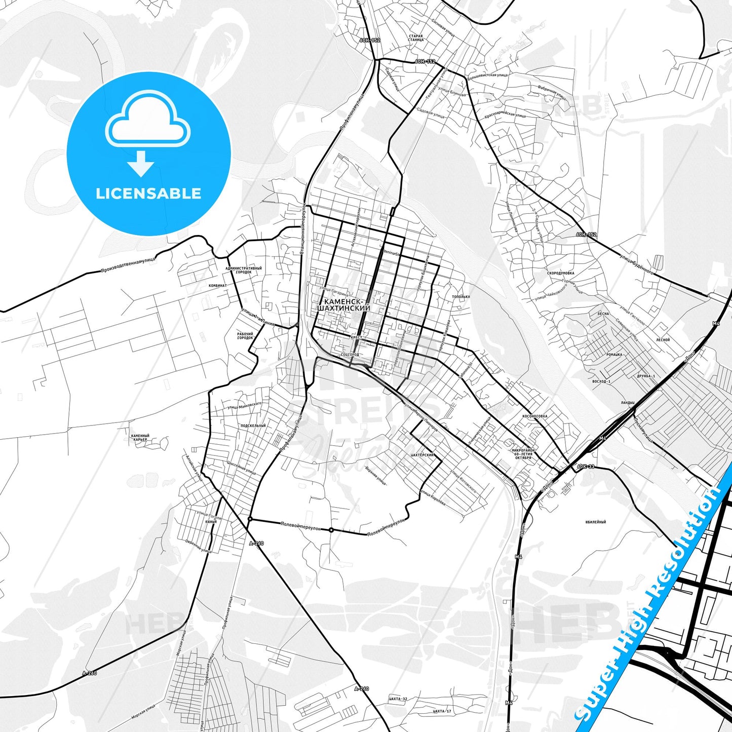 Kamensk-Shakhtinsky, Russia Light Map with Street Names, City Names, and Districts