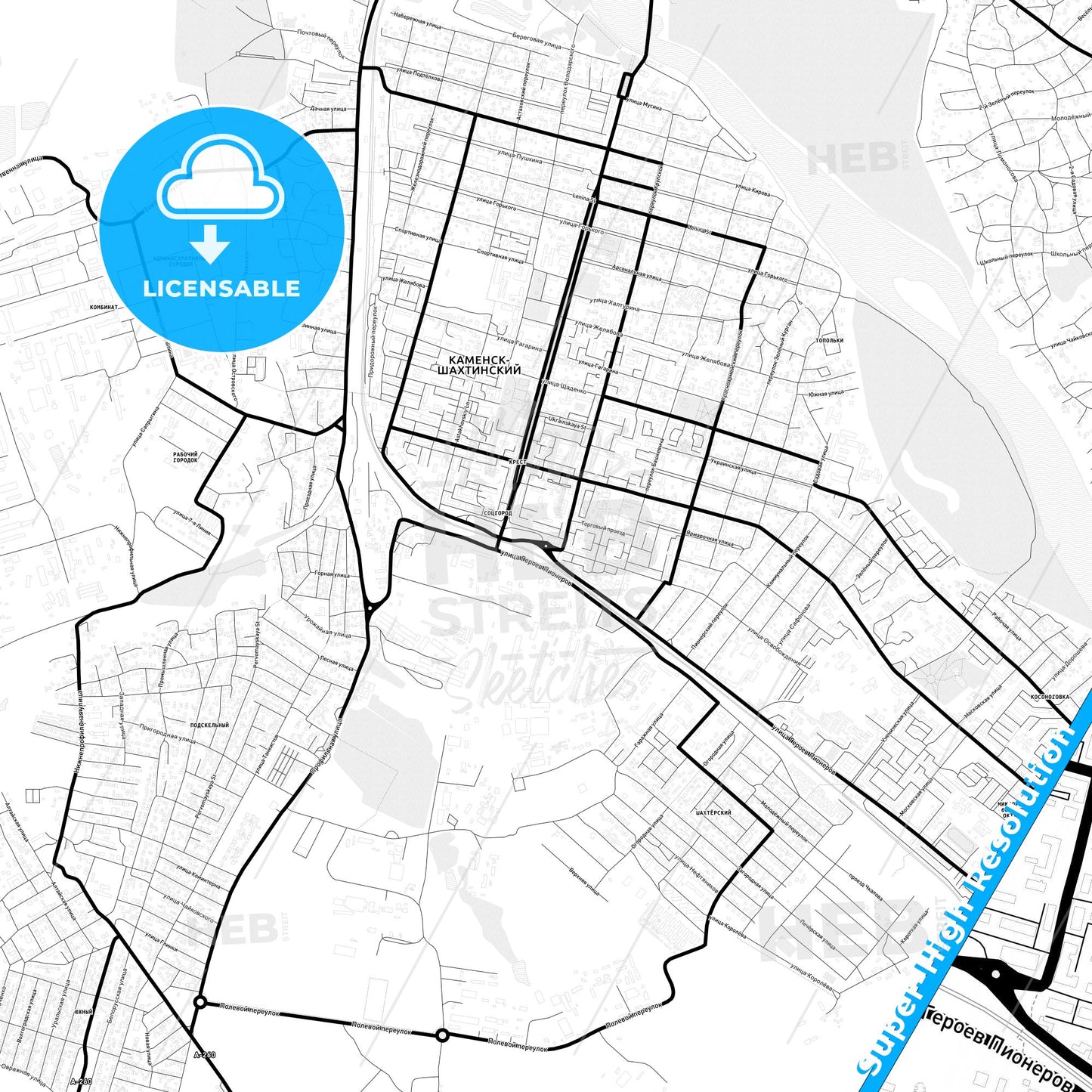 Kamensk-Shakhtinsky, Russia Light Map with Street Names, City Names, and Districts