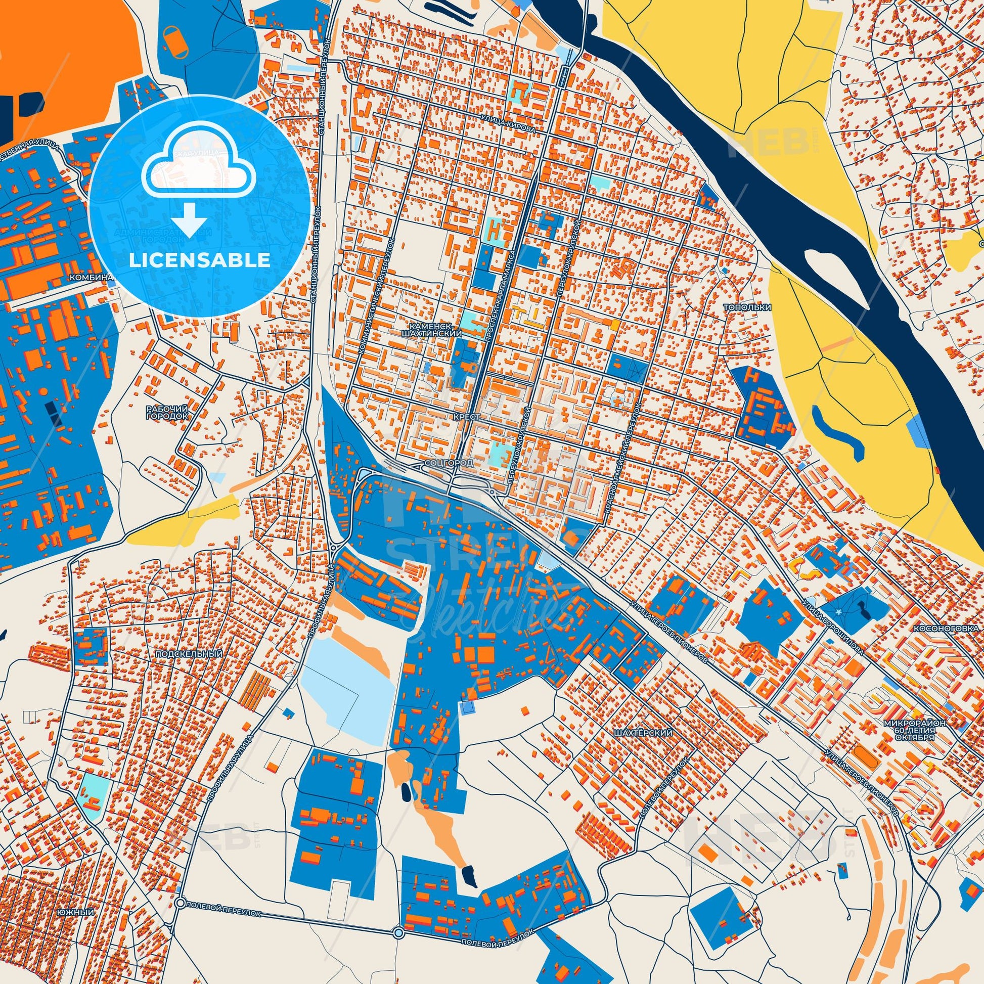 Colorful Kamensk-Shakhtinsky Street Map with Labels and Buildings