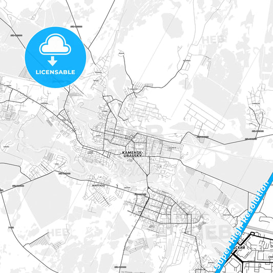 Kamensk-Uralsky, Russia light map with streetnames, citynames and districts