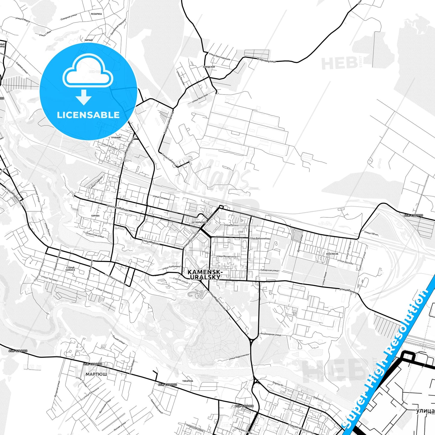 Kamensk-Uralsky, Russia Light Map with Street Names, City Names, and Districts