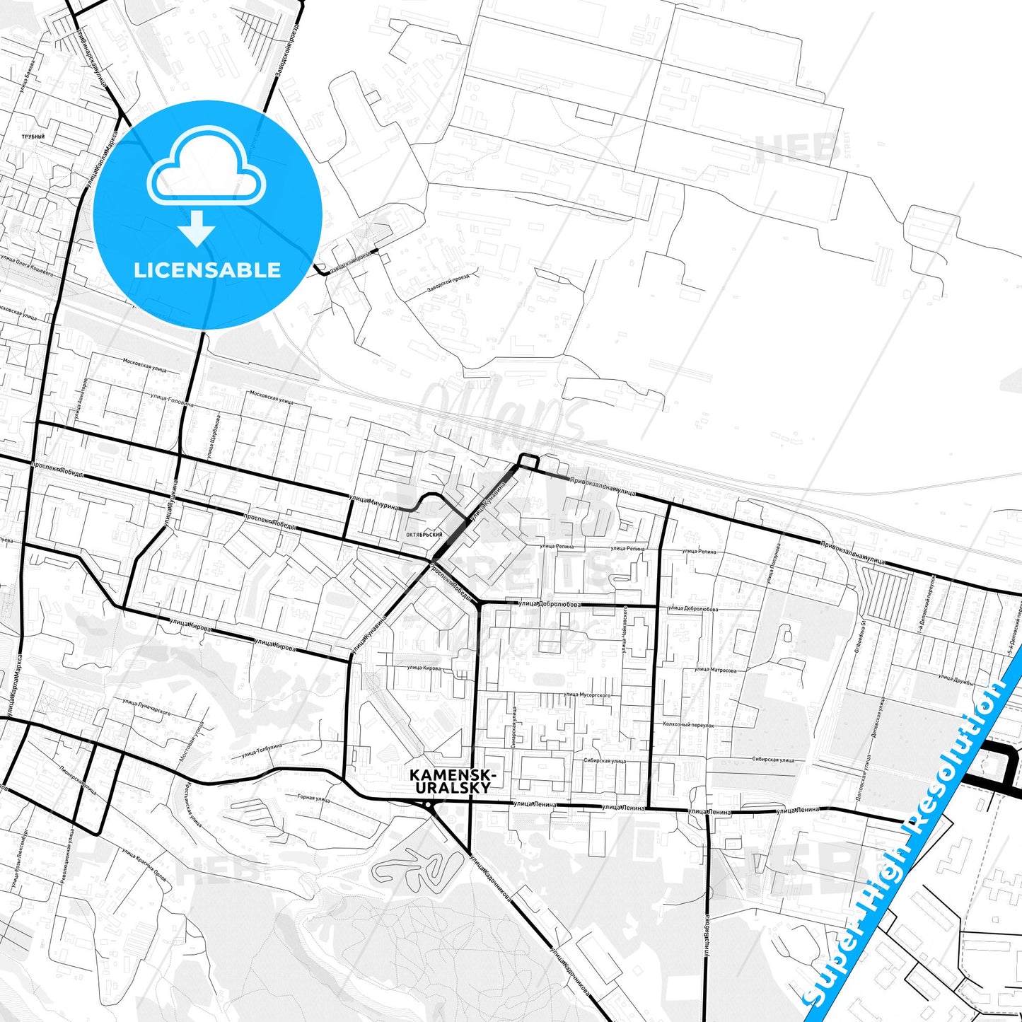 Kamensk-Uralsky, Russia Light Map with Street Names, City Names, and Districts