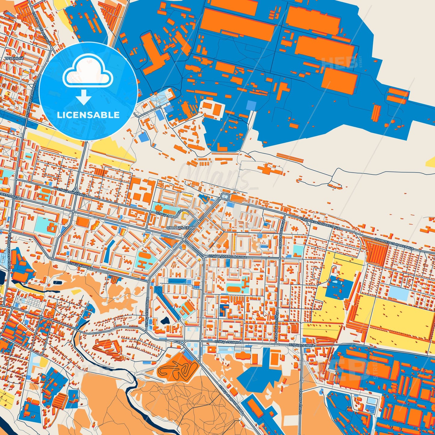 Colorful Kamensk-Uralsky Street Map with Labels and Buildings